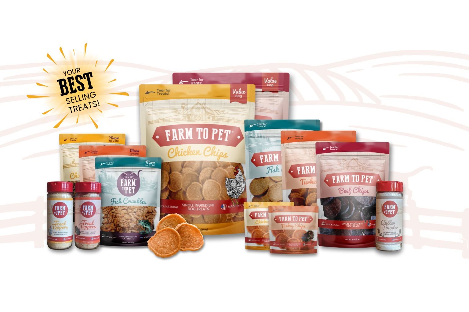 Farm to Pet Healthy Dog Treats Chicken and Turkey Chips displayed outside for Wholesale.