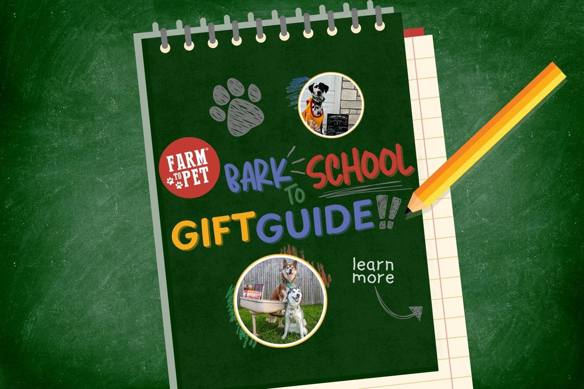 a cover image for the 2025 Farm to Pet Bark to School Dog Gift Guide