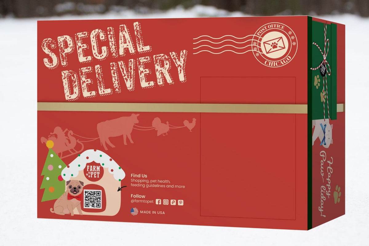 Farm to Pet holiday pet gift box printed with the words special delivery