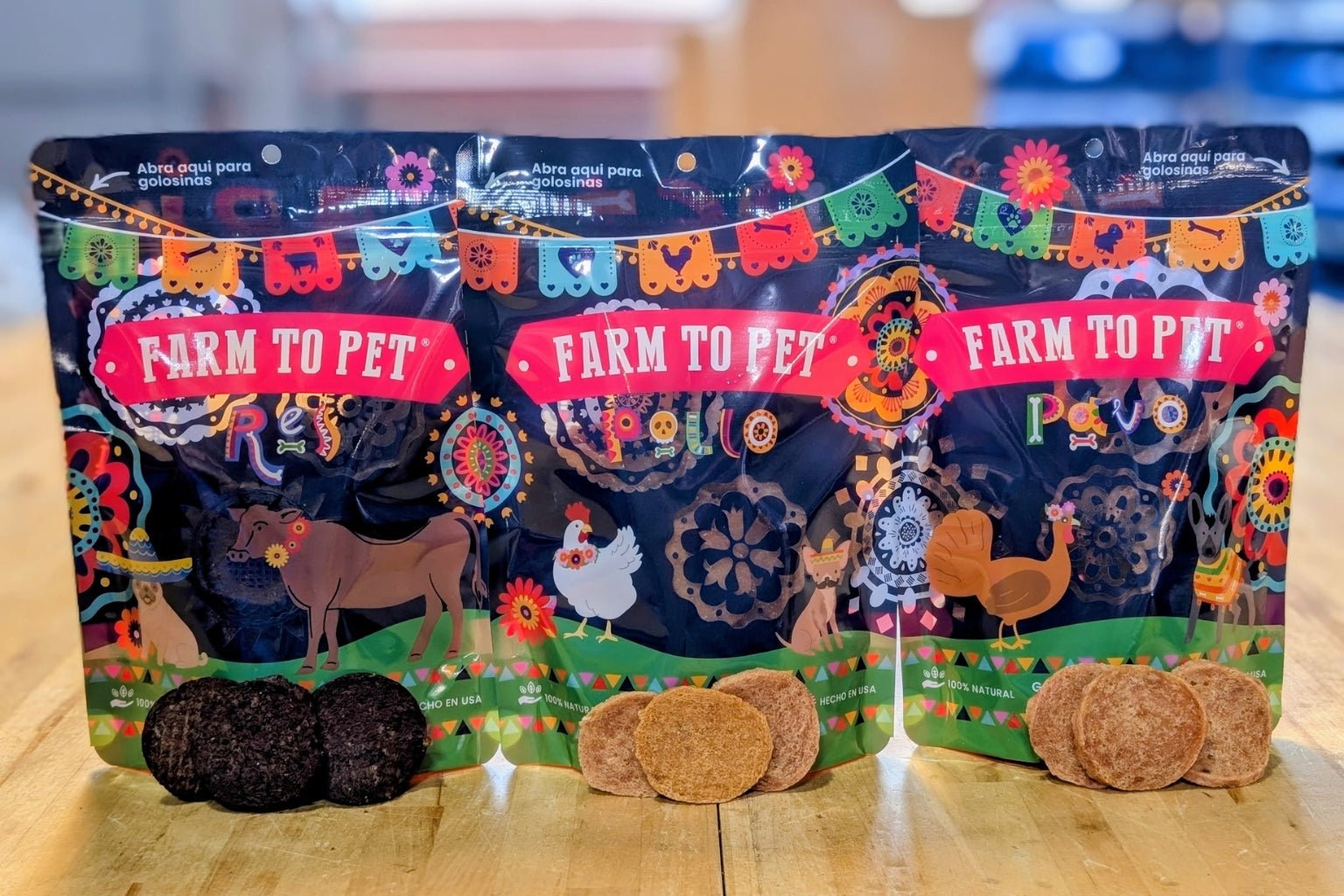 Farm to Pet Healthy Dog Treats Fiesta Pack with Chicken Chips, Beef Chips, and Turkey Chips.