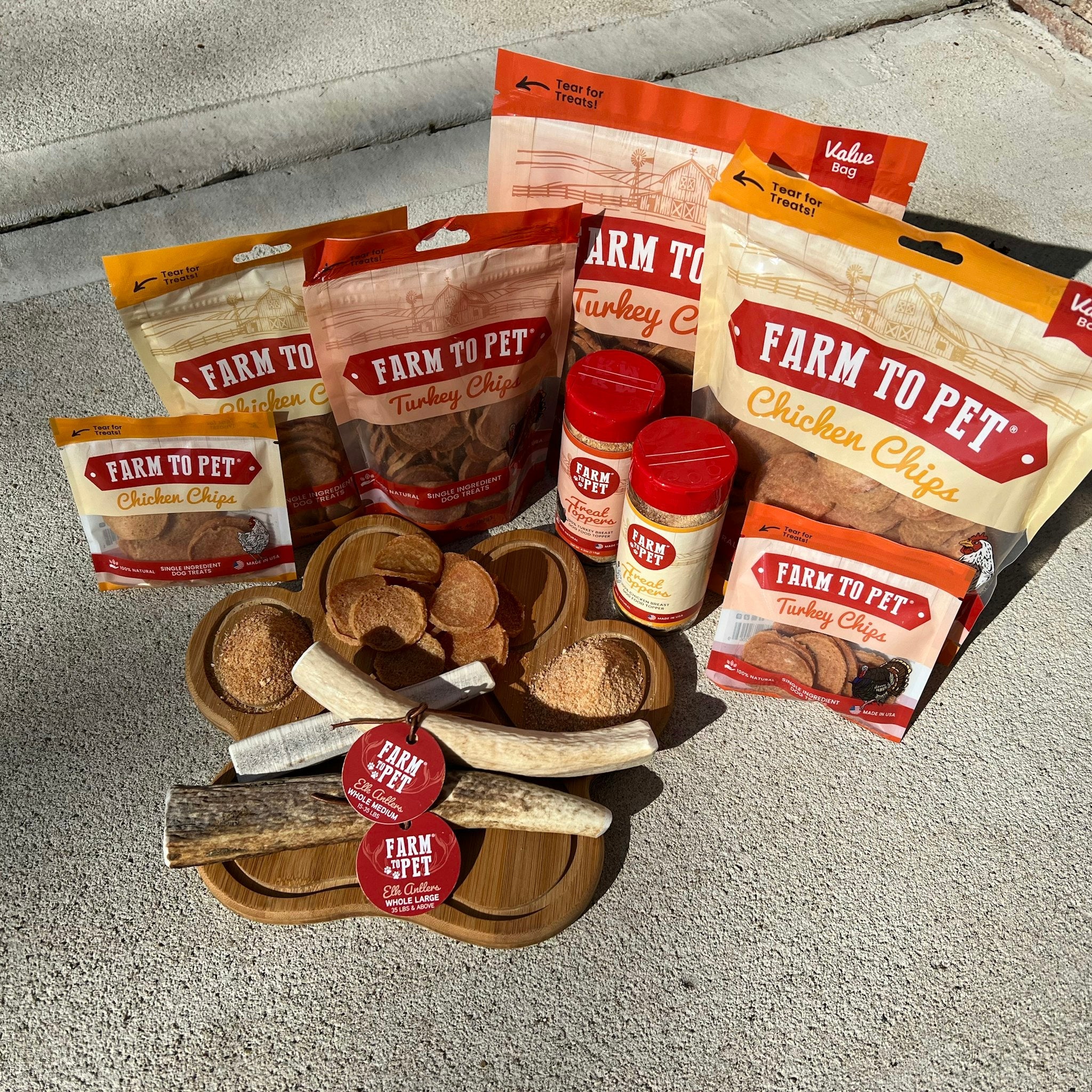 Shop All at Farm to Pet there are many items we offer from our famous treats, accessories, chews, toys and t-shirts.