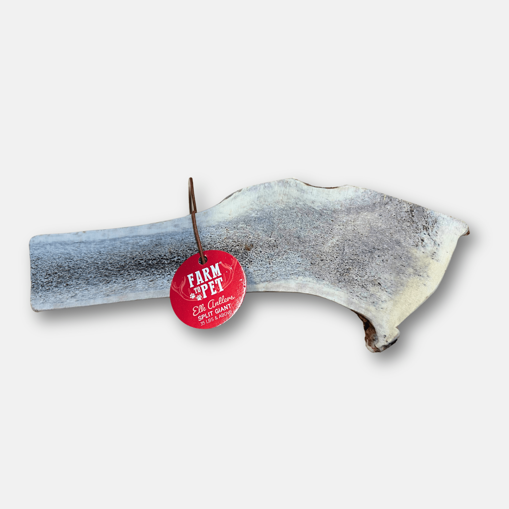 A Giant Elk Antler with a 'Farm to Pet' red tag on a white background.
