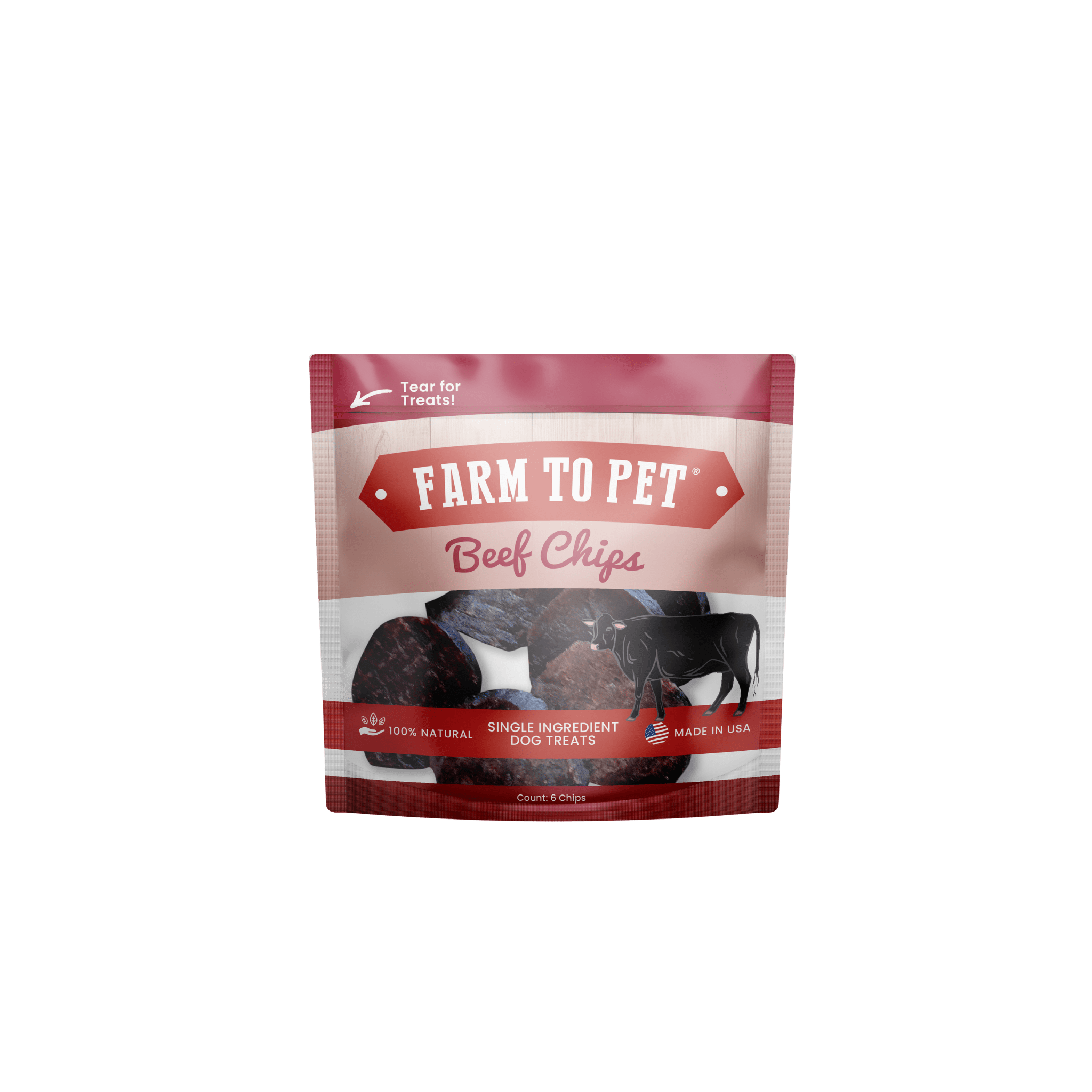 Front of Bag Farm to Pet Beef Chips Snack Pack with black cow on bag.