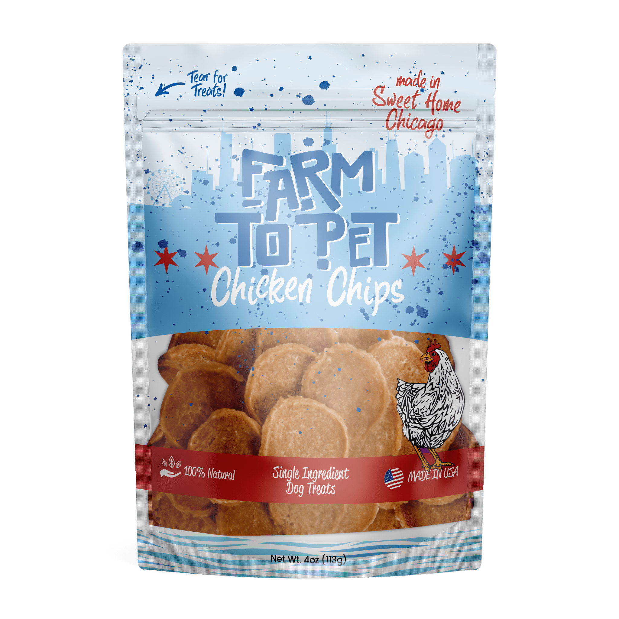Farm To Pet Chicago Chicken Chips with a red white and blue bag with the skyline of Chicago. Made in Sweet Home Chicago.