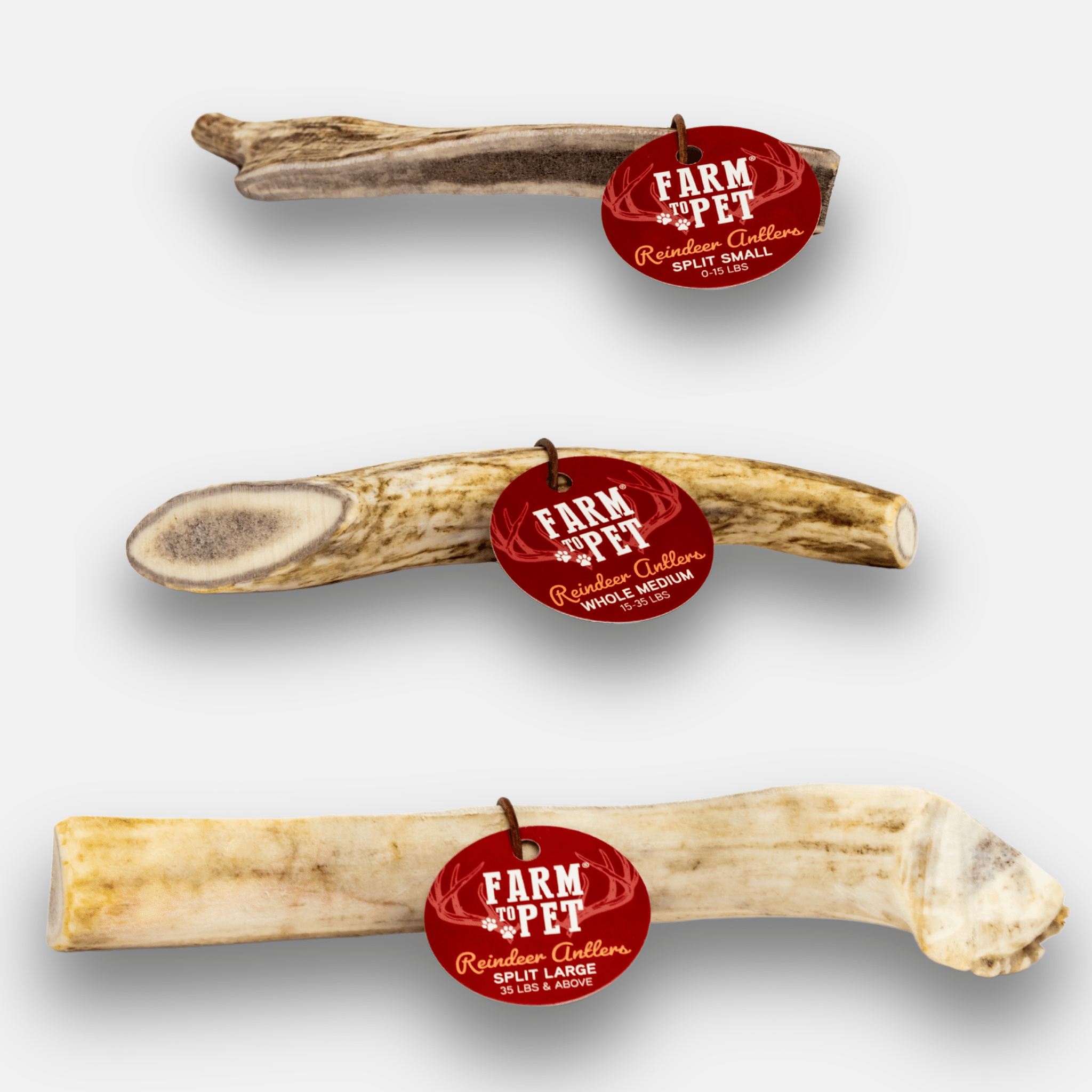Three different sized reindeer antler chews with red 'Farm to Pet' labels on a white background.