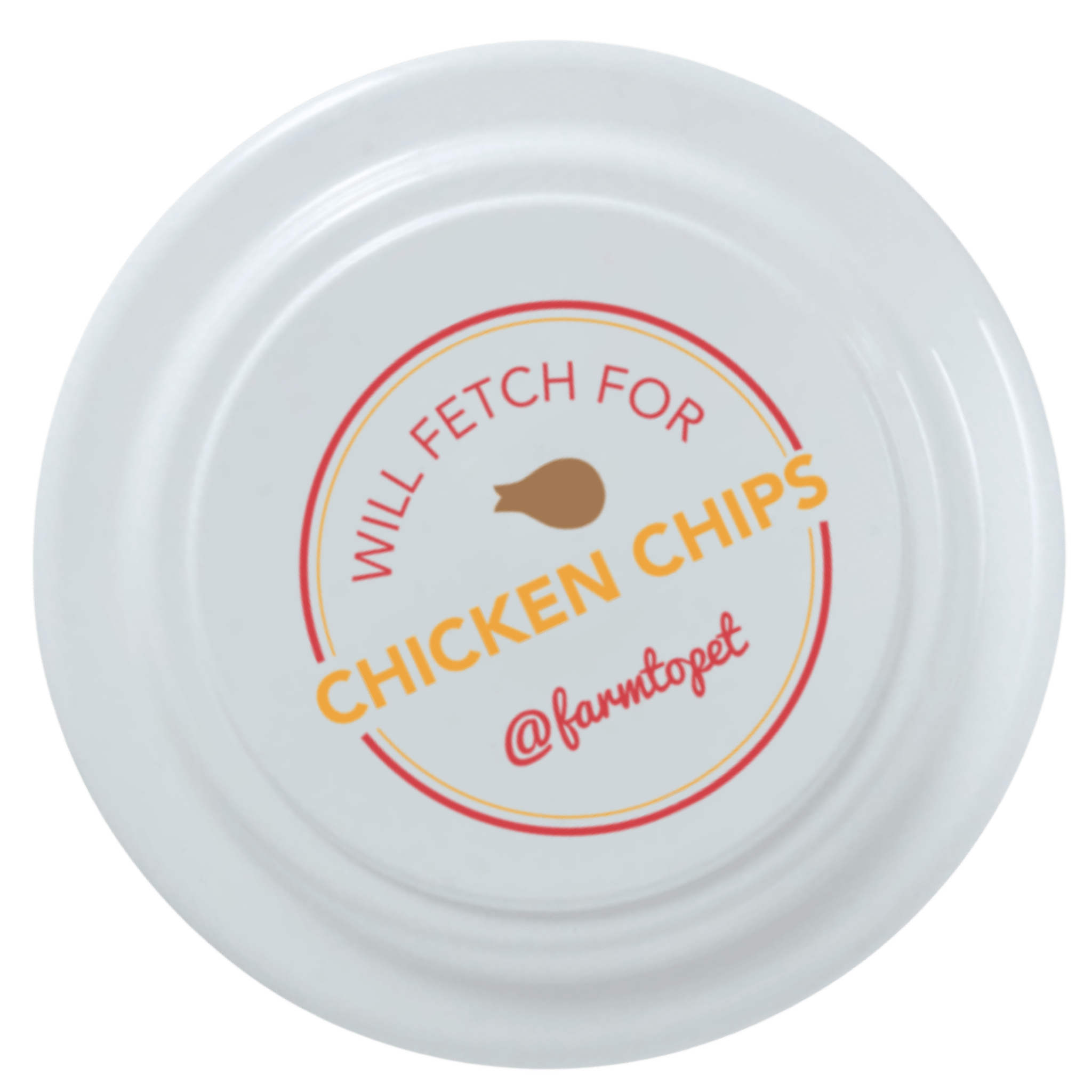 Product picture of a white Farm to Pet Will Fetch for Chicken Chips Frisbee on a white backgorund.