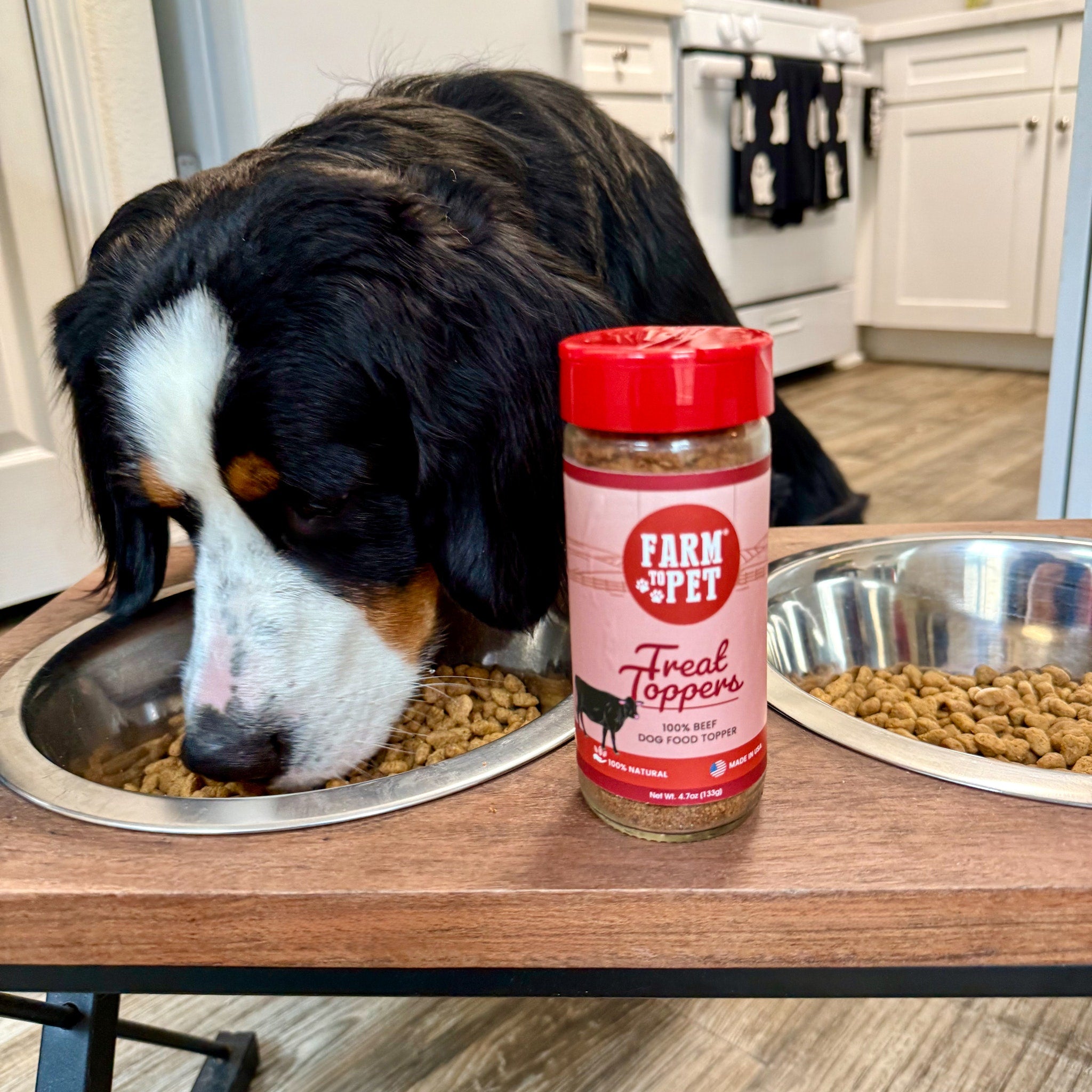 Dog eating kibble from a dog bowl sprinkled with Farm to Pet Beef Treat Toppers.