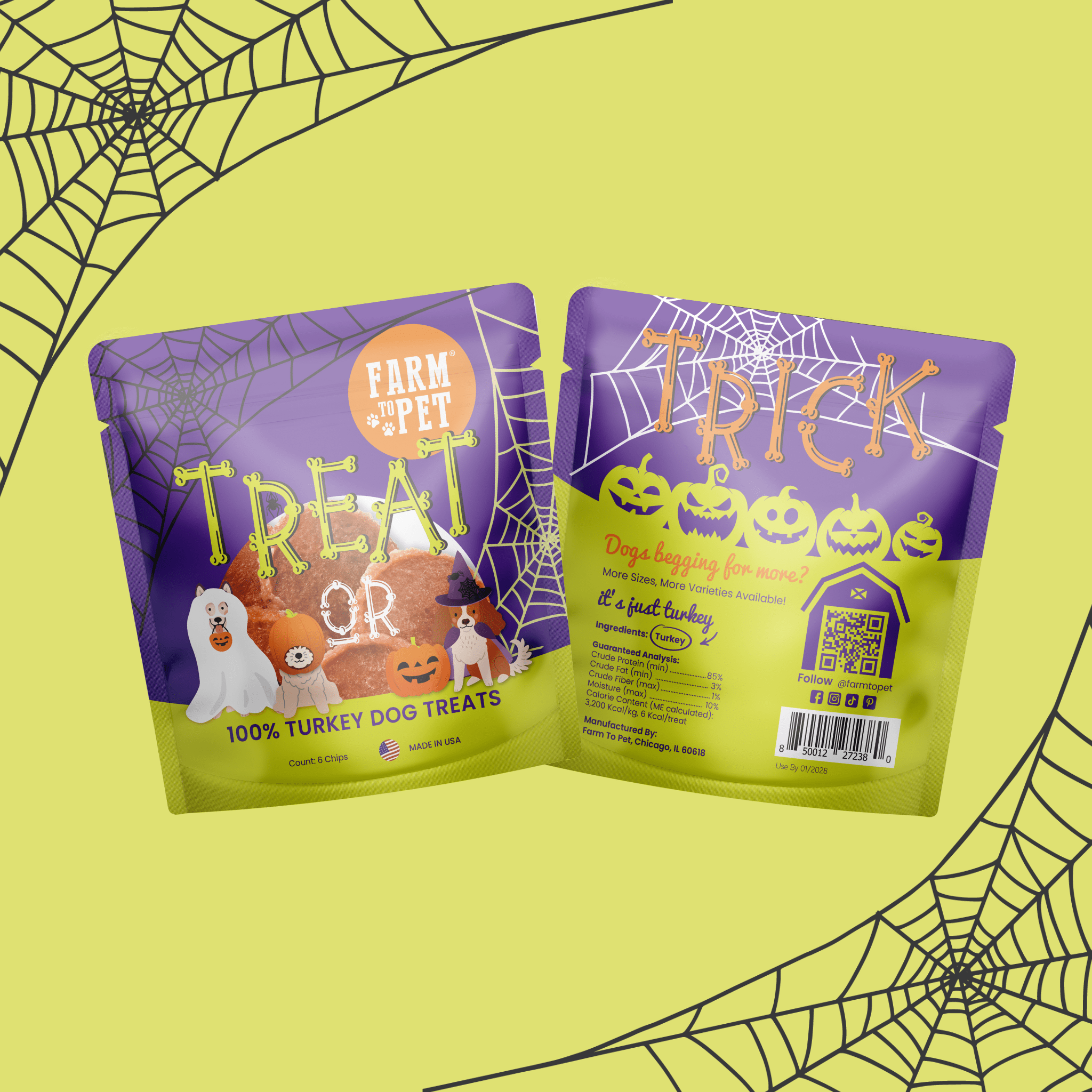 Two Halloween themed Farm to Pet Turkey  snack pack dog treats on a yellow background with spider webs. front and back bags