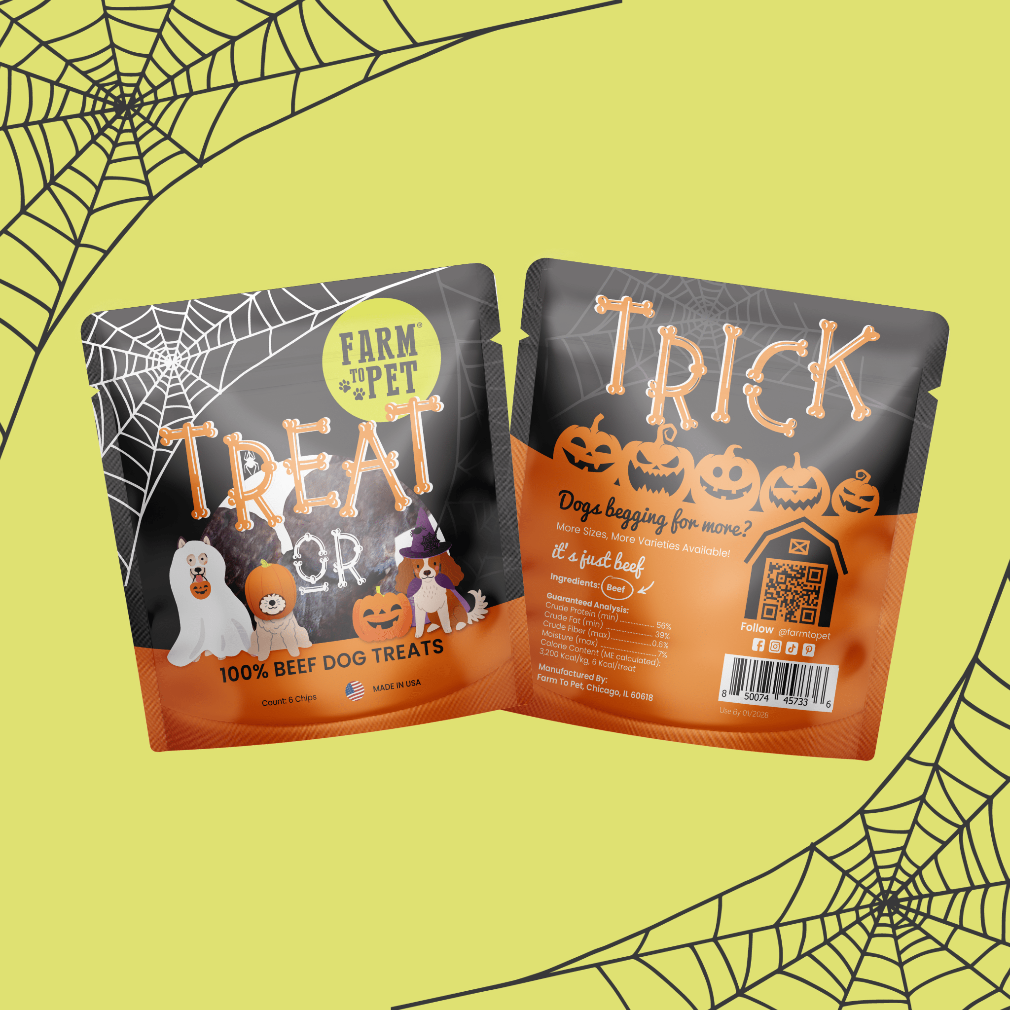 Two Halloween-themed Farm to Pet  Beef dog treat snack pack packages on a yellow background with spider webs. front and back of bag