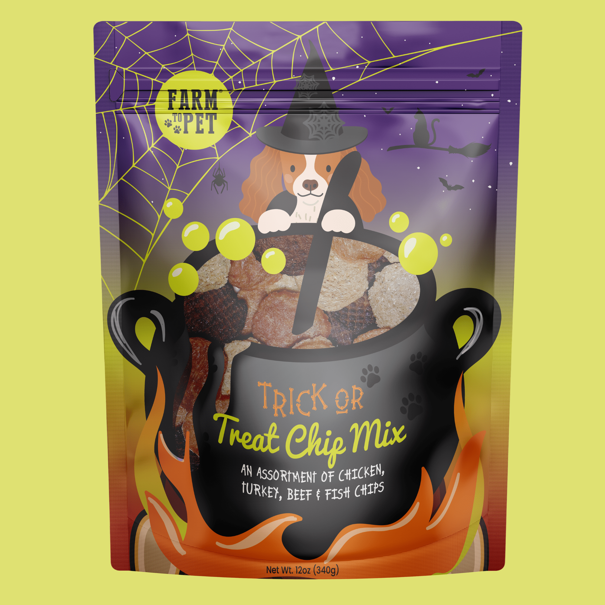 A Halloween-themed dog treat package 12oz package of Farm to Pet Trick or Treat Chip Mix with Chicken, Turkey, Beef and Fish in a Halloween-themed design bags on a green background. the front of  Witch's Brew Bag with a purple background and a dog in a witch hat.