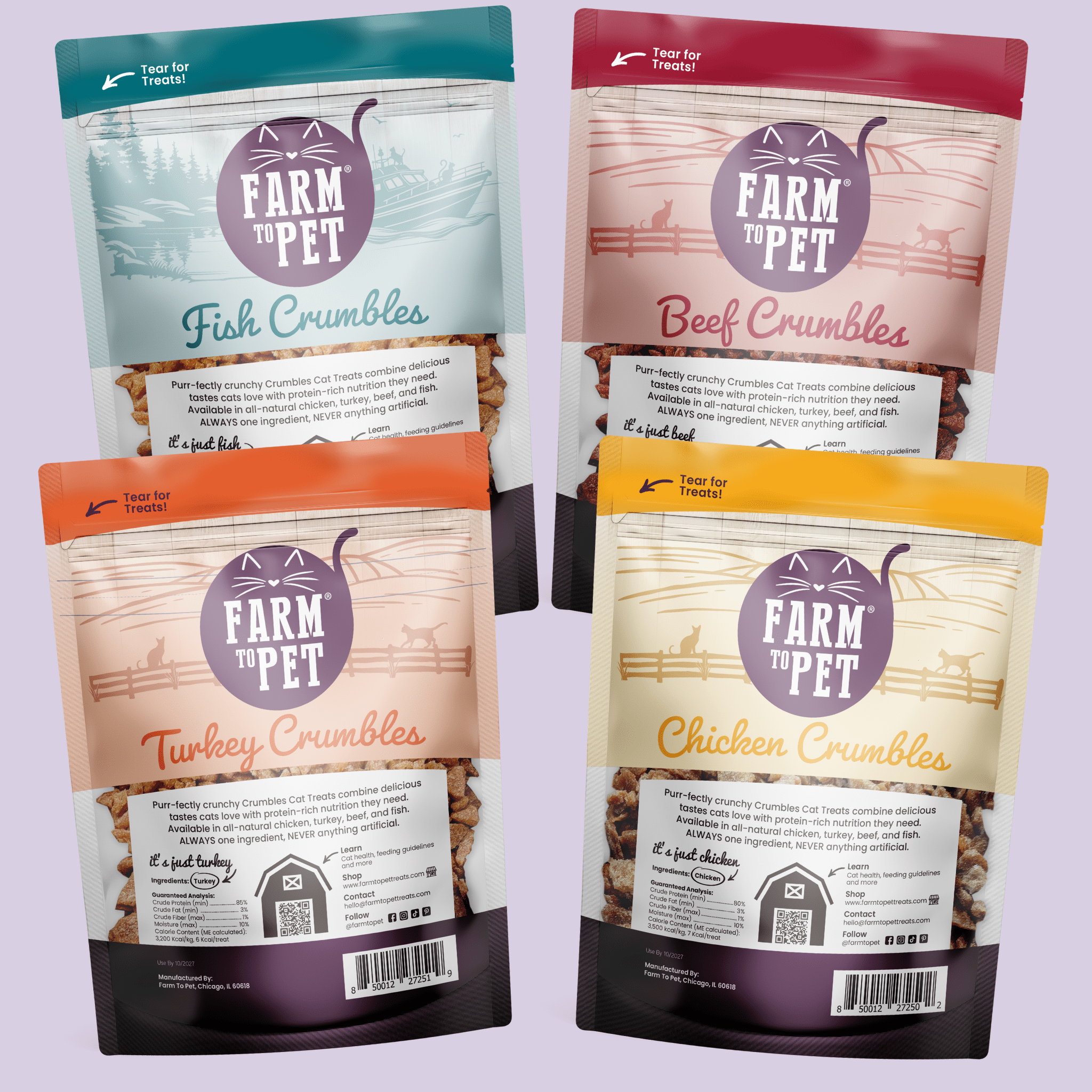 Four packages of Farm to Pet cat crumbles on a light purple background showing the back of the bag.