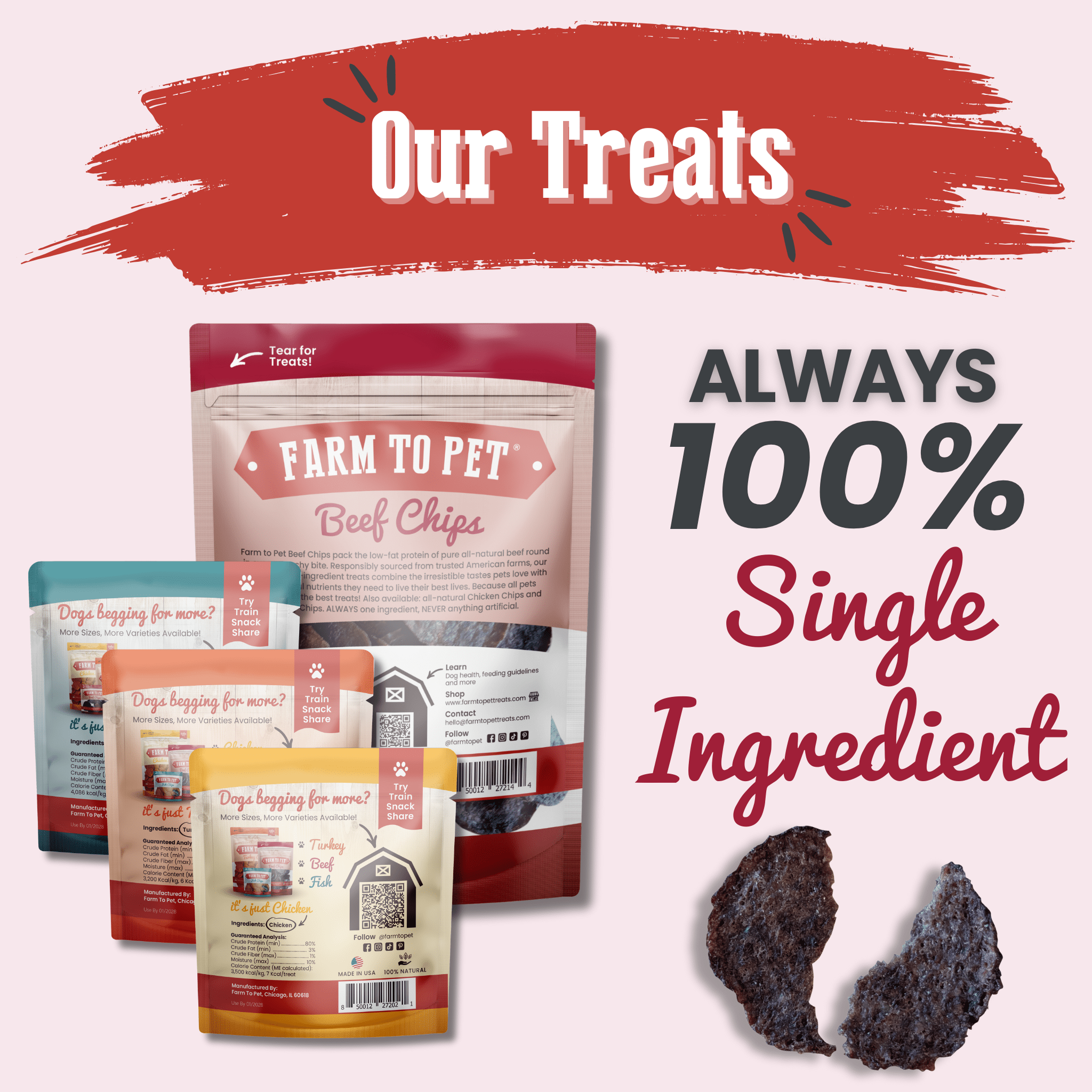 Packaging of Farm to Pet chips with text 'Always 100% Single Ingredient' on a white background.