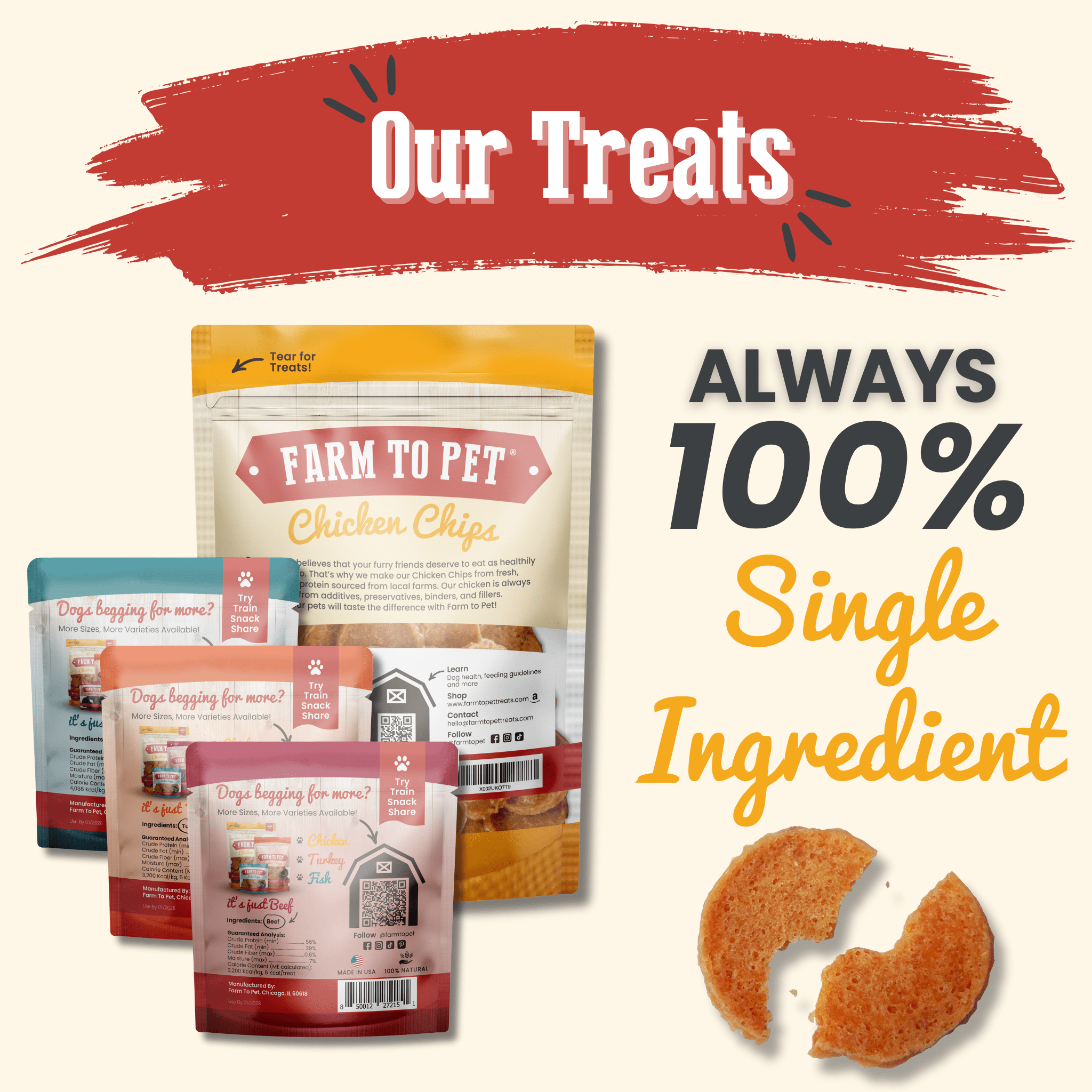 Dog treats packaging backs of bags with 'Farm to Pet' branding and a red banner stating Our Treats and  'Always 100% Single Ingredient'.