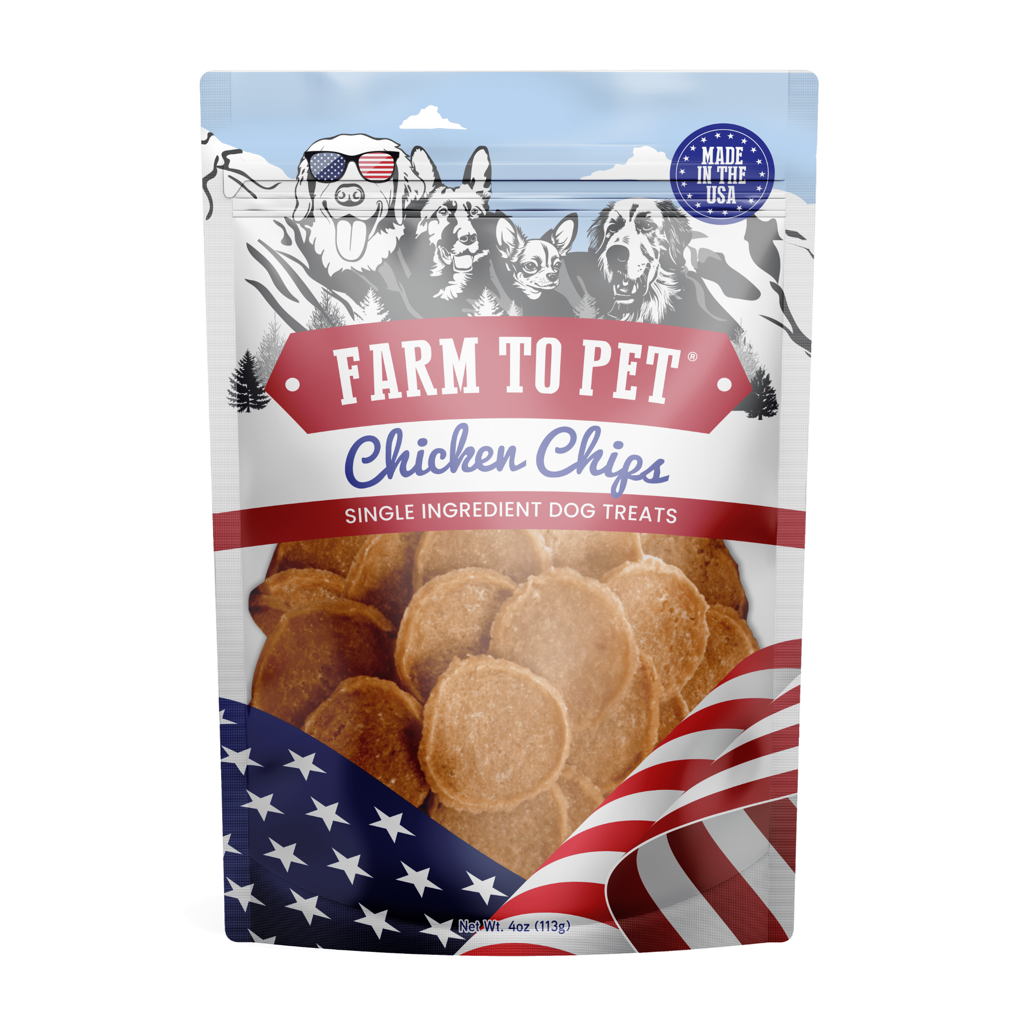 Farm to Pet Americana Chicken Chip Bag with red, white, and blue and four dog heads on Mount Rushmore.