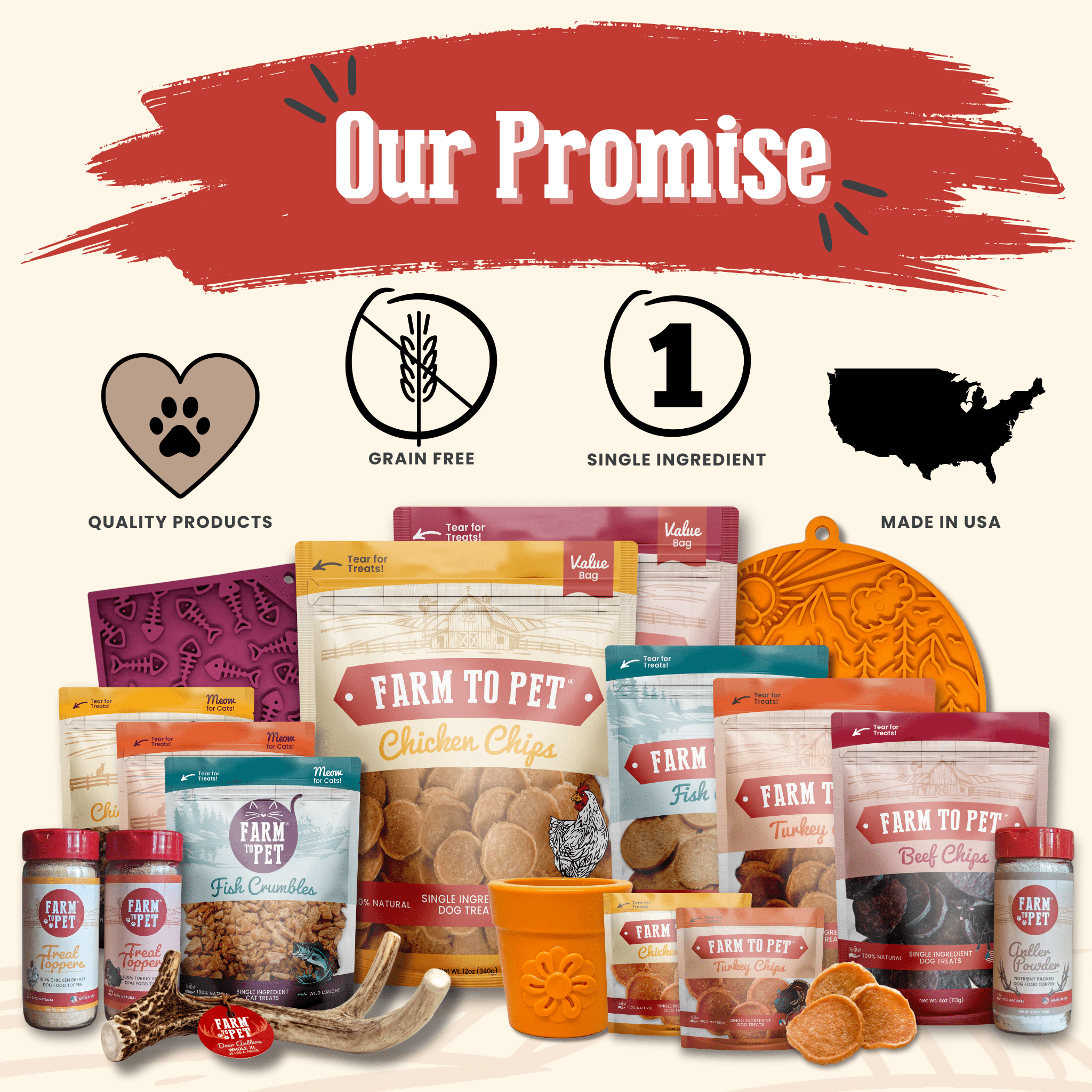 Collection of pet food products and accessories from Farm to Pet branding and promotional text about product attributes.
