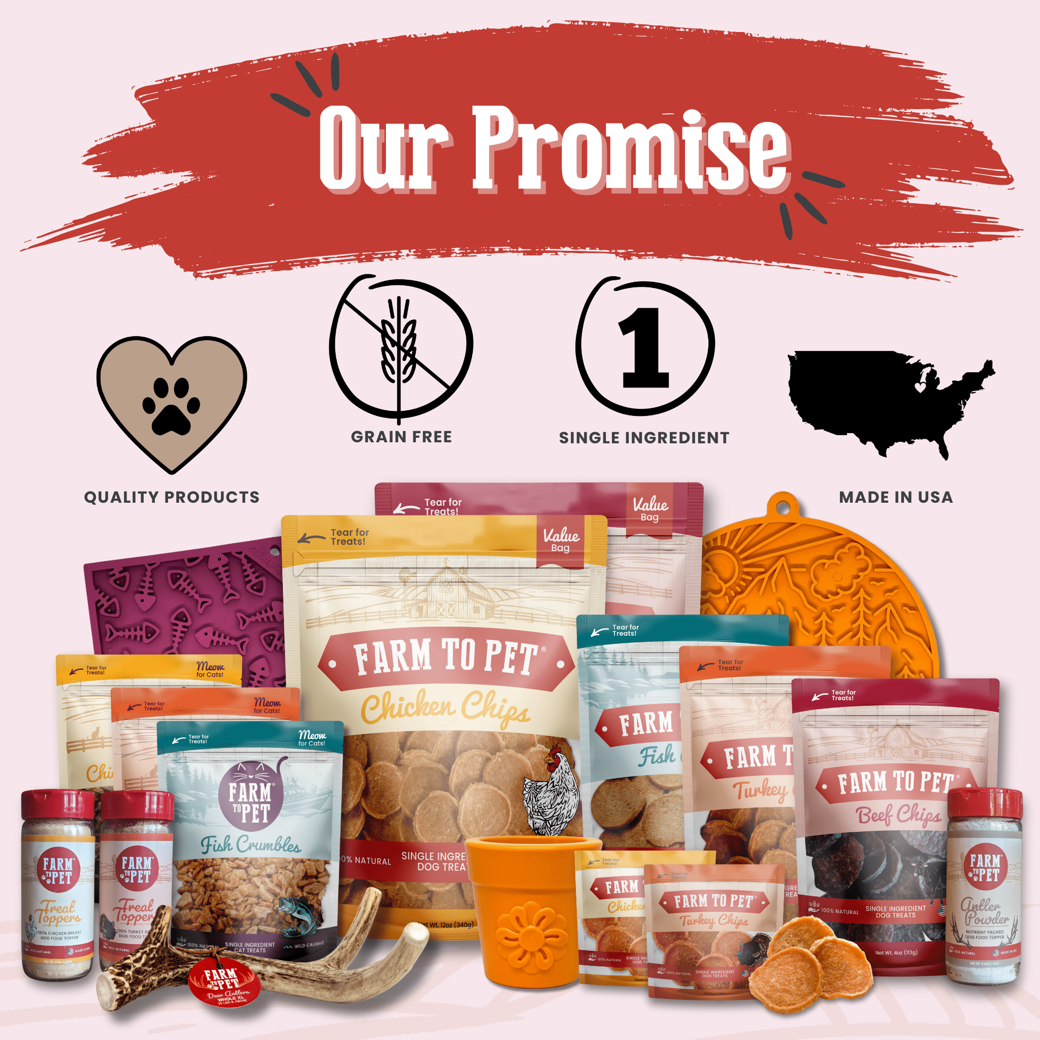 Farm to Pet collection of pet food products and accessories with branding elements and icons on a light background.