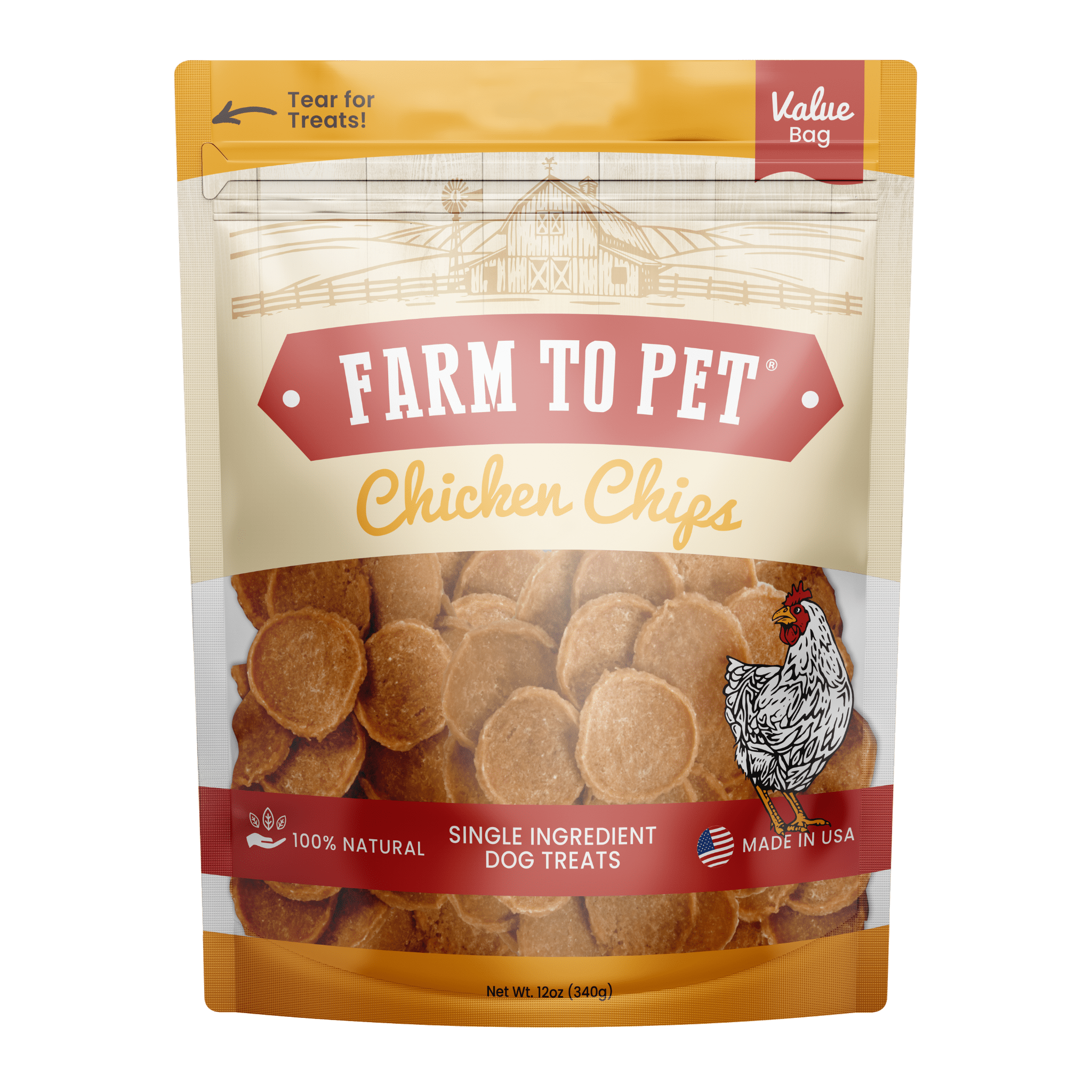 Product Picture of Farm to Pet Chicken Chips front design 12oz Bag in white background.