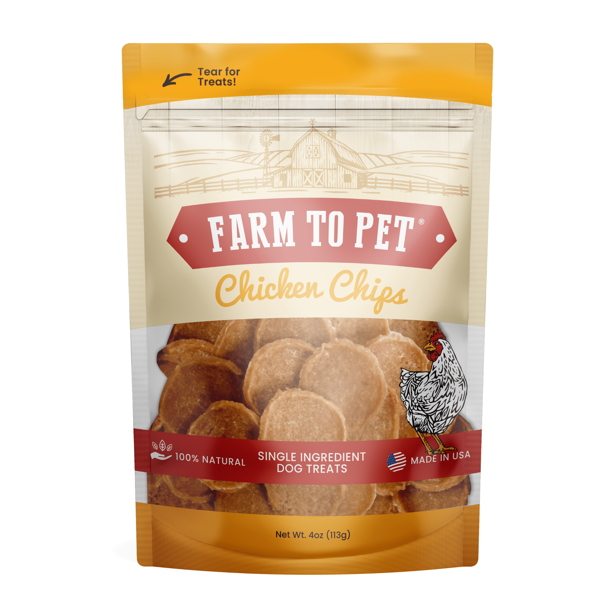 Product Picture of Farm to Pet Chicken Chips front design in white background.