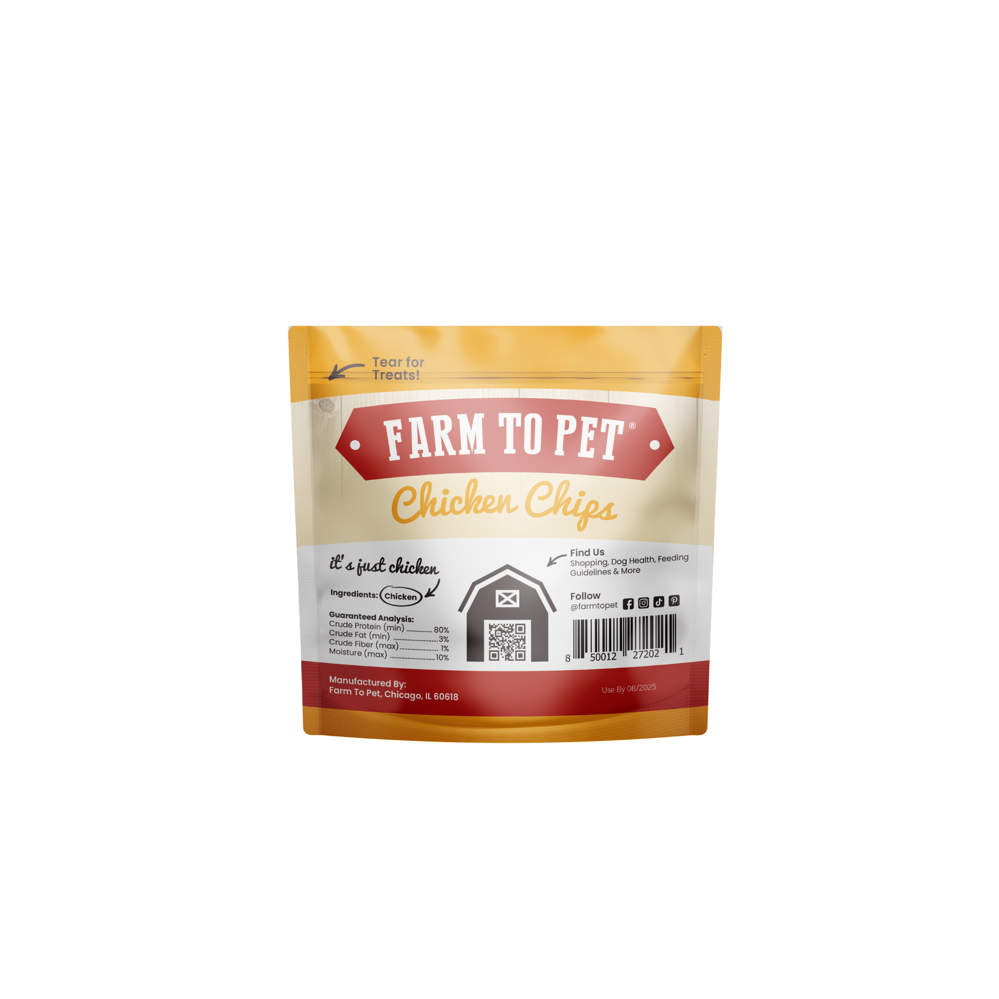 Product Picture of Farm to Pet Chicken Chips snack pack back design in white background.