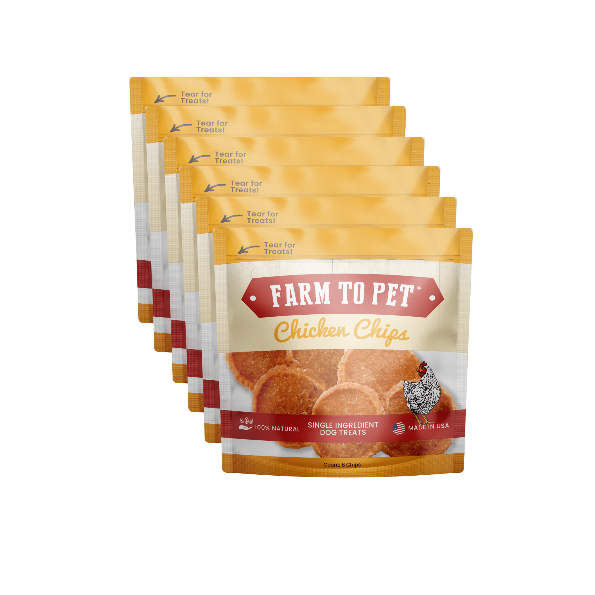 Infographic Product Picture of Farm to Pet Chicken Chips snack packs front design six pieces set in white background.