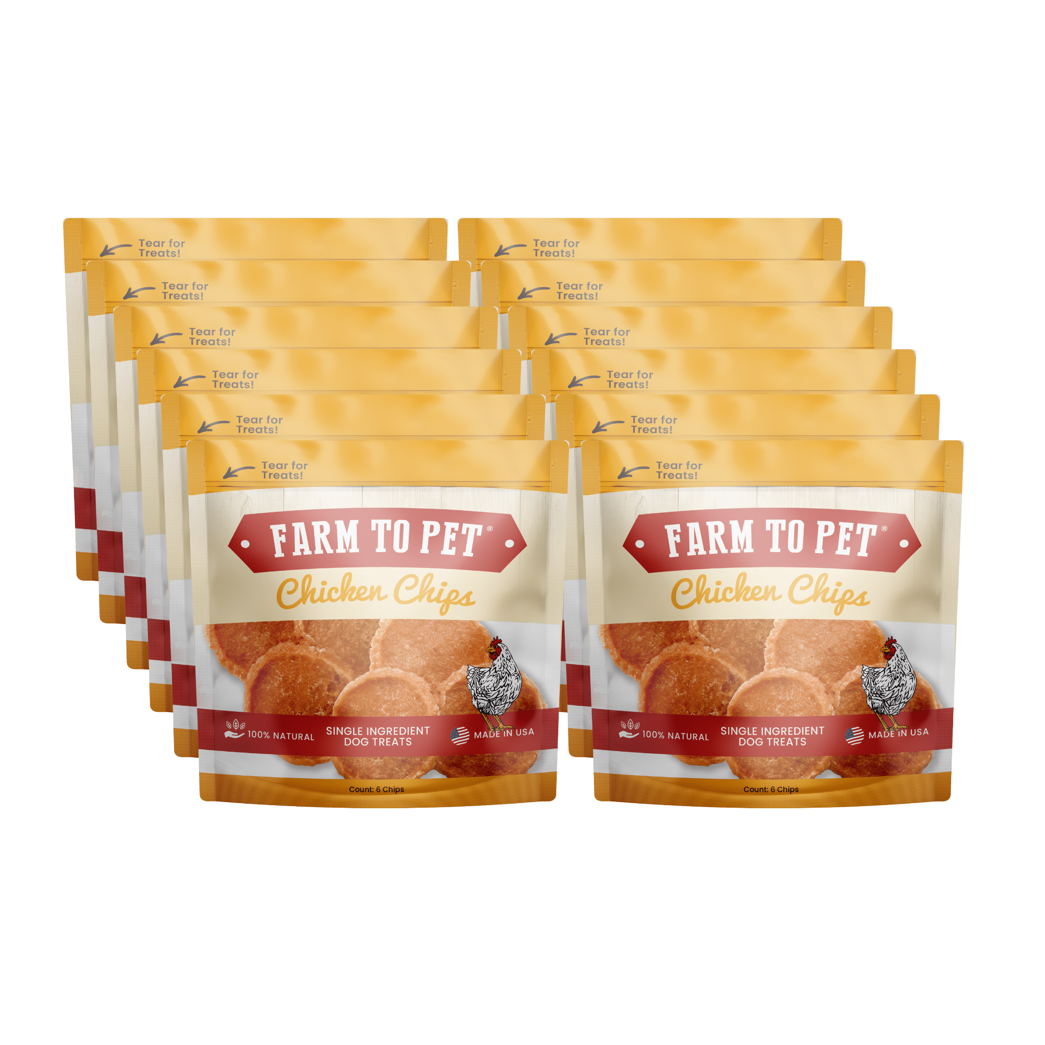 Infographic Product Picture of Farm to Pet Chicken Chips snack packs front design twelve pieces set in white background.