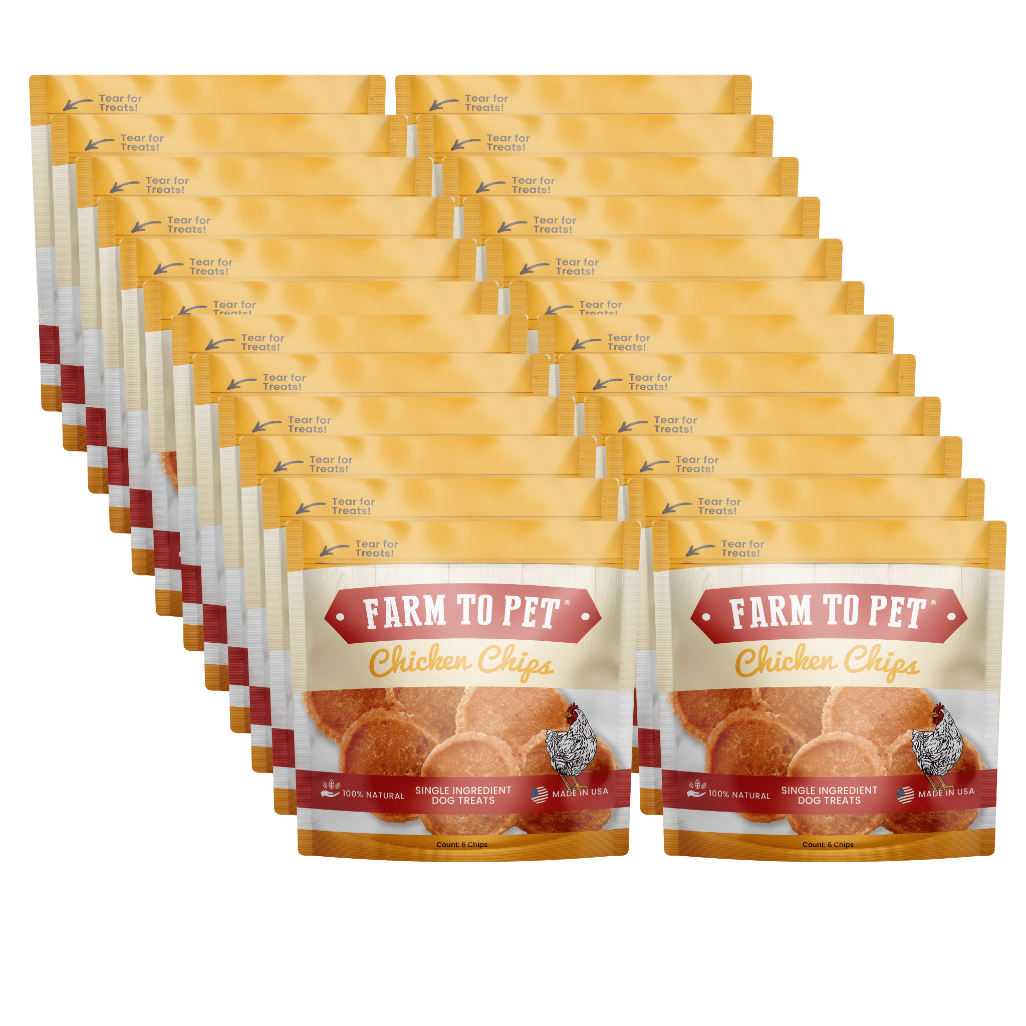 Infographic Product Picture of Farm to Pet Chicken Chips snack packs front design twenty four pieces set in white background.
