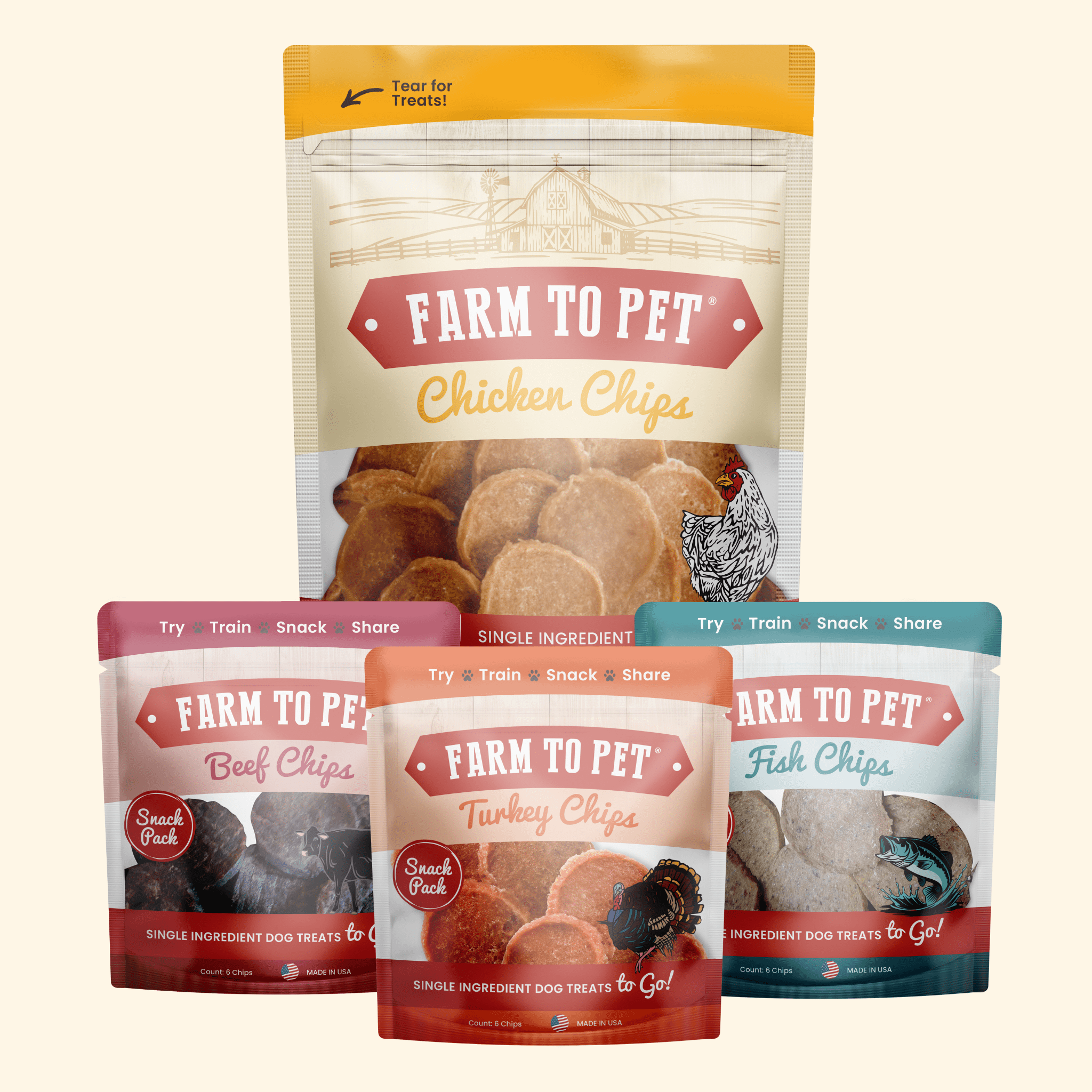 A collection of Farm to Pet branded dog treat packages on a white background.
