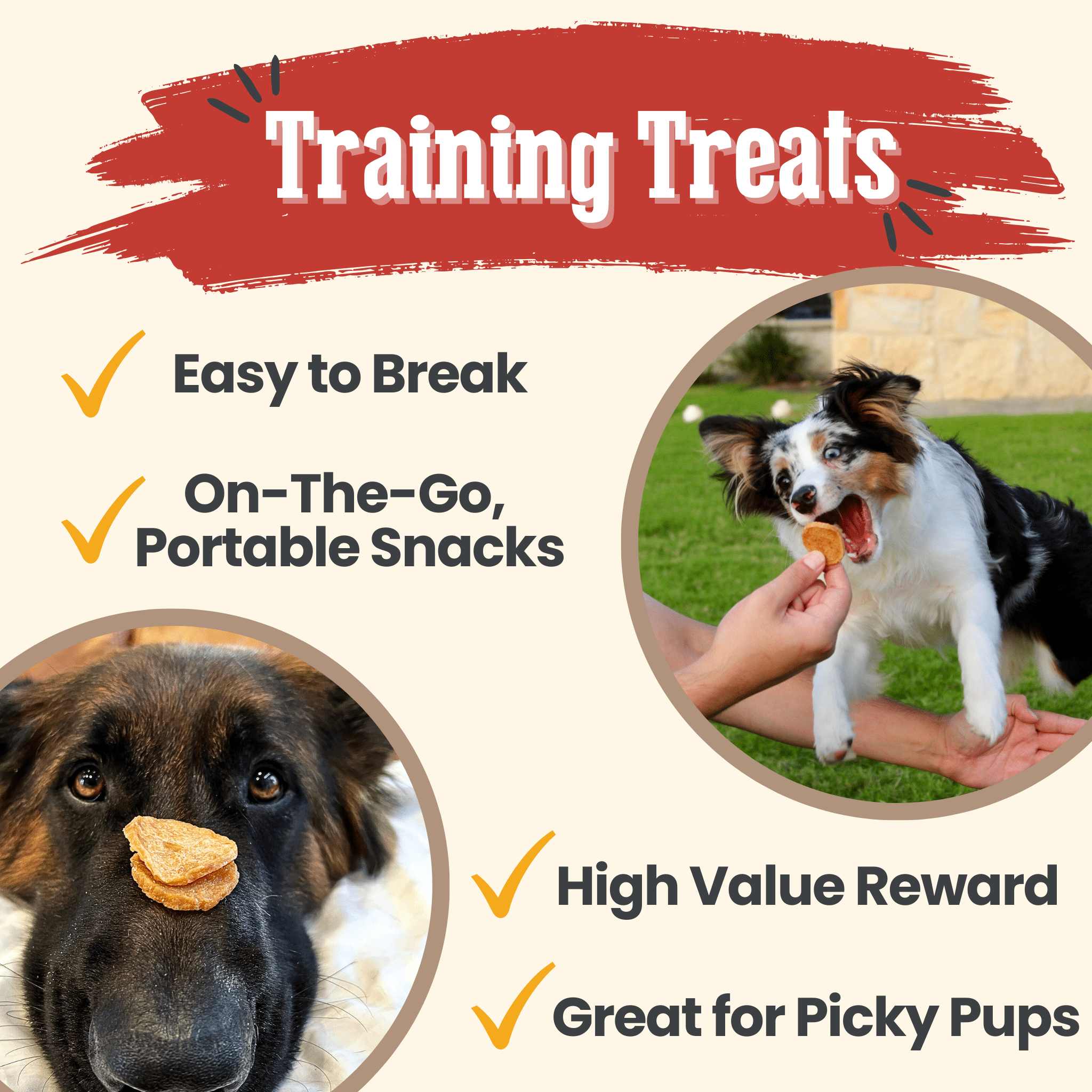 Farm to Pet dog training treats with a dog eating a treat and another dog with a treat on its nose, set against a beige background.