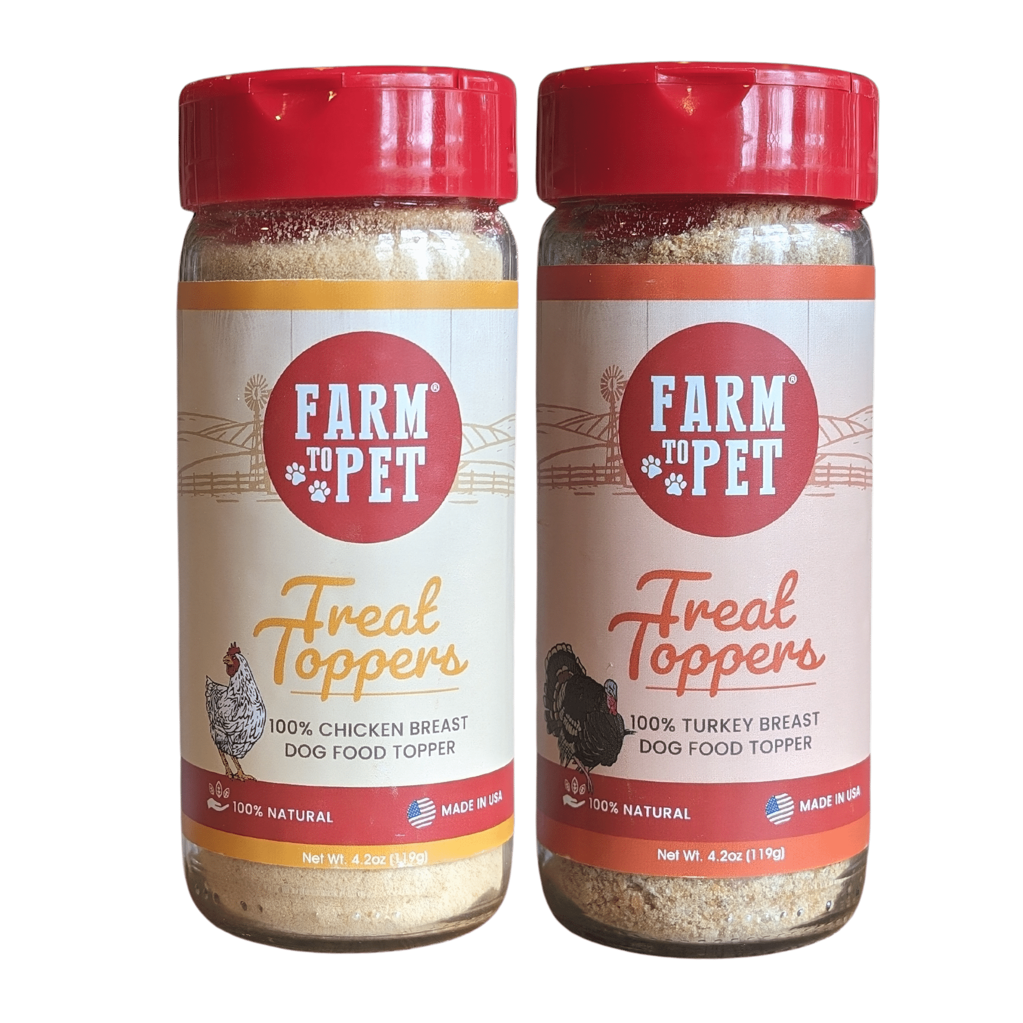 Product Picture of Farm to Pet Chicken and Turkey Treat Toppers Bundle jar with white background.