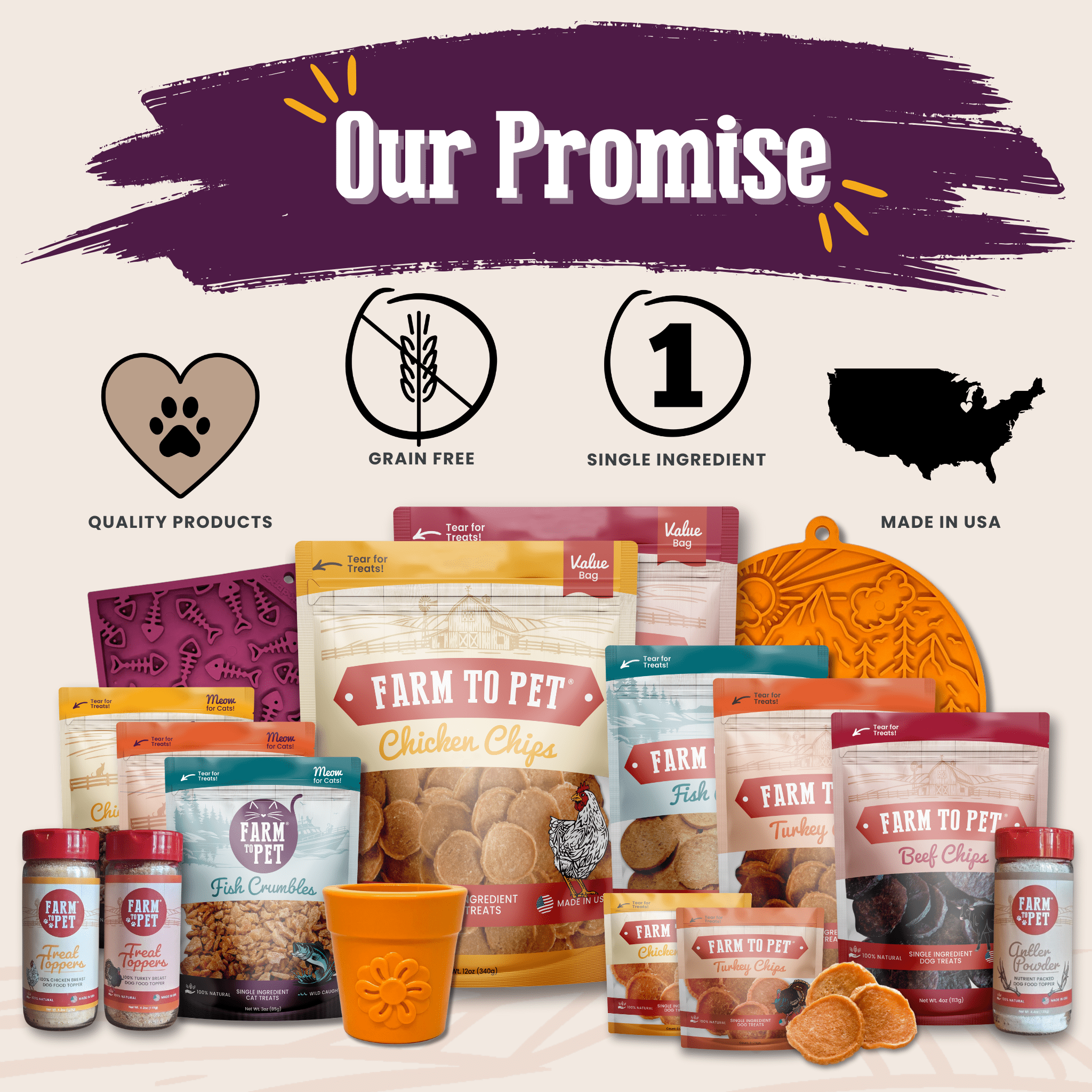 Our Promise Assortment of pet treats and products with Farm to Pet Dog and Cat Treats branding and packaging on a light background.
