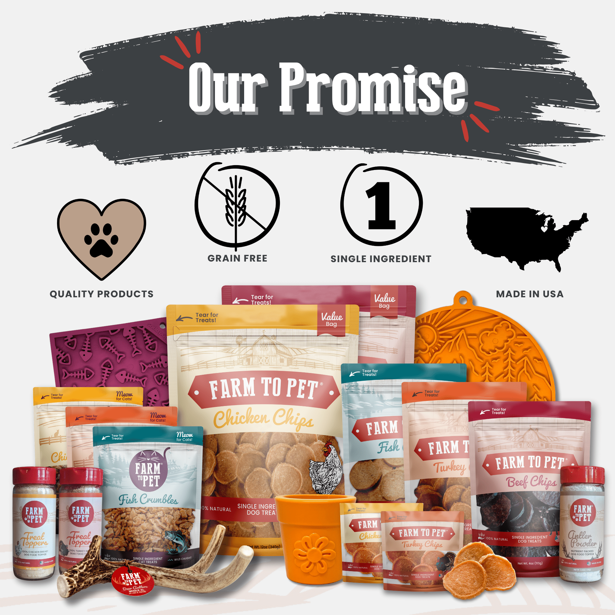 Collection of pet food products and accessories with 'Farm to Pet' branding and packaging on a white background.