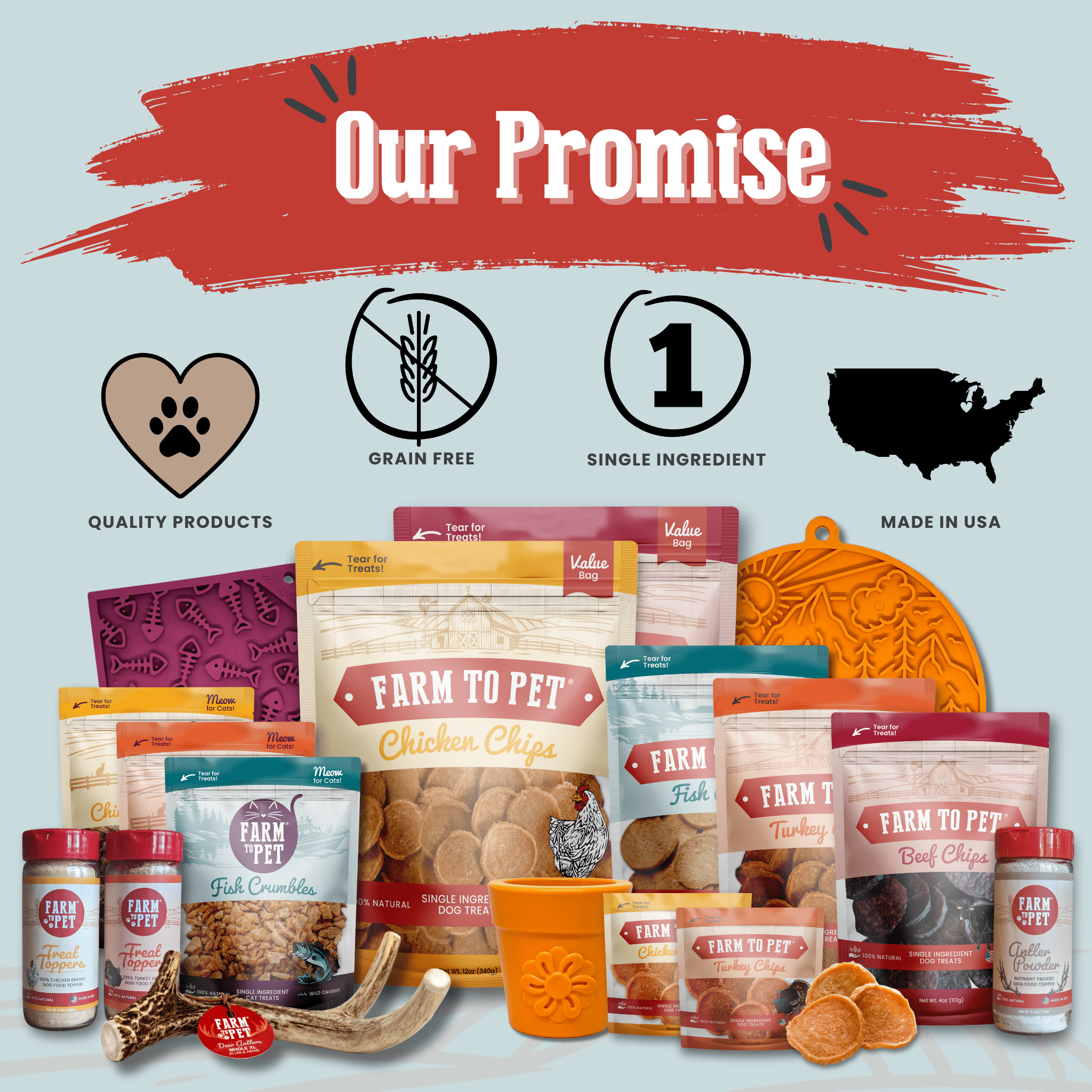 Farm to Pet Assorted pet food products and accessories with branding elements on a light blue background