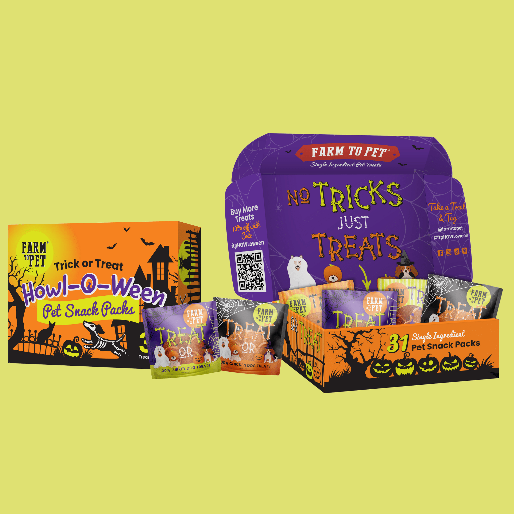 A Halloween-themed pet snack packs from Farm to Pet on a yellow background. Closed and Open