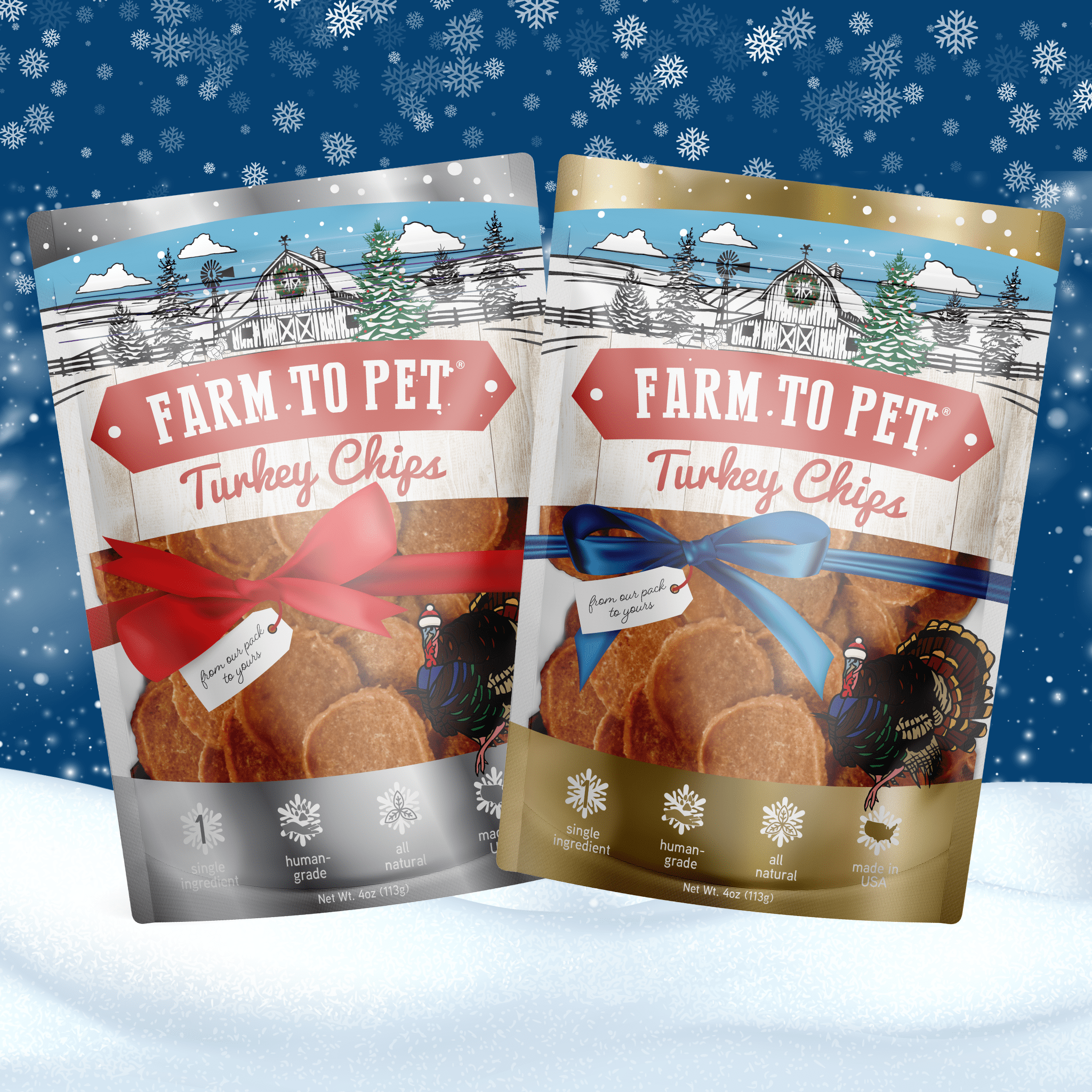 Two packages of 'Farm to Pet' Turkey Chips on a snowy background with a festive design.