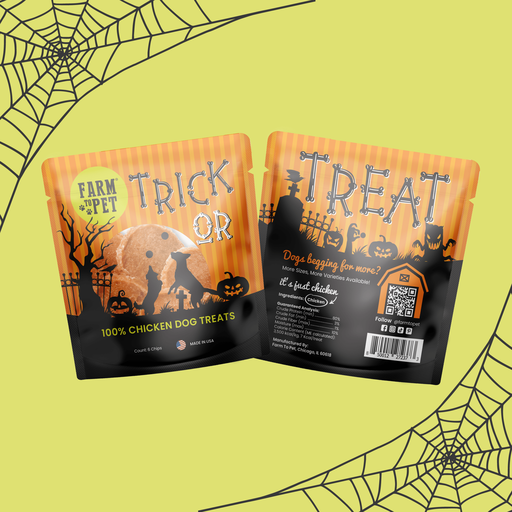 Two Halloween-themed Farm to Pet  chicken dog snack pack treat packages on a yellow background with spider webs. front and back of bag