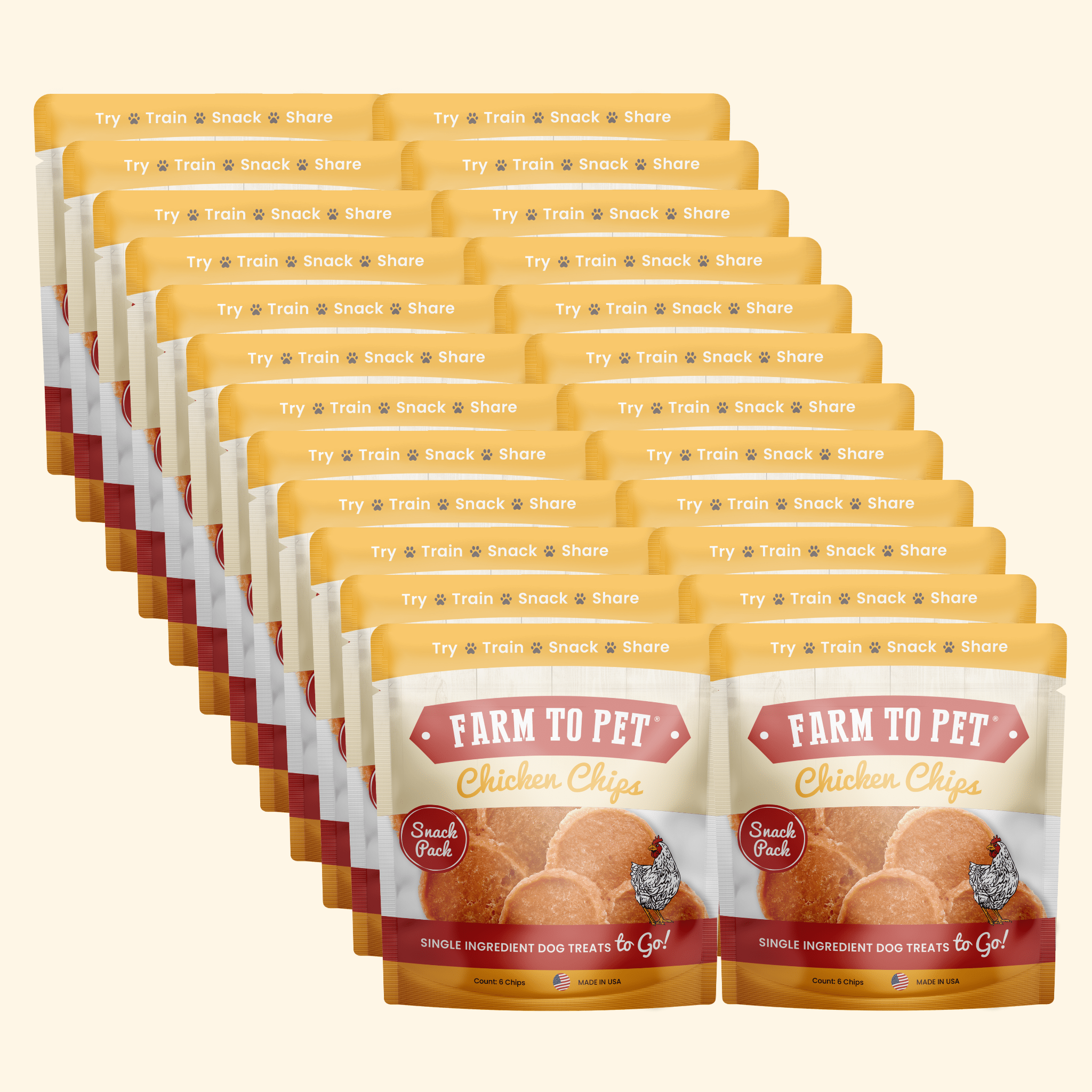 Multiple packages of Farm to Pet Chicken Chips Snack Packs on a white background