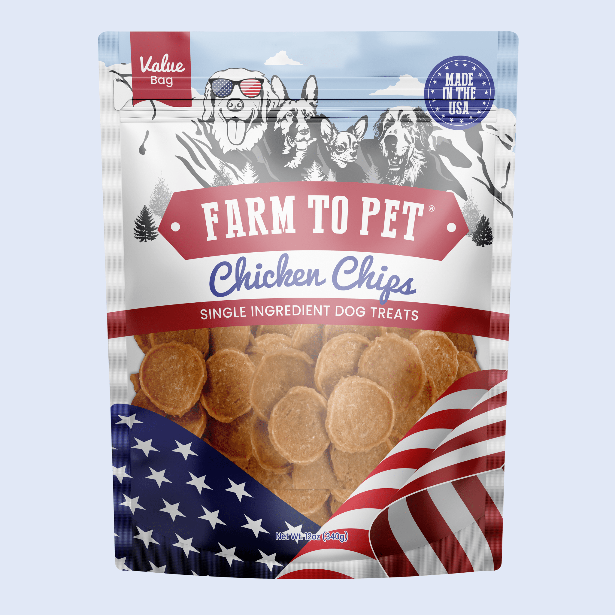 Package of Farm to Pet Americana Chicken Chips dog treats with American flag design on a light blue background