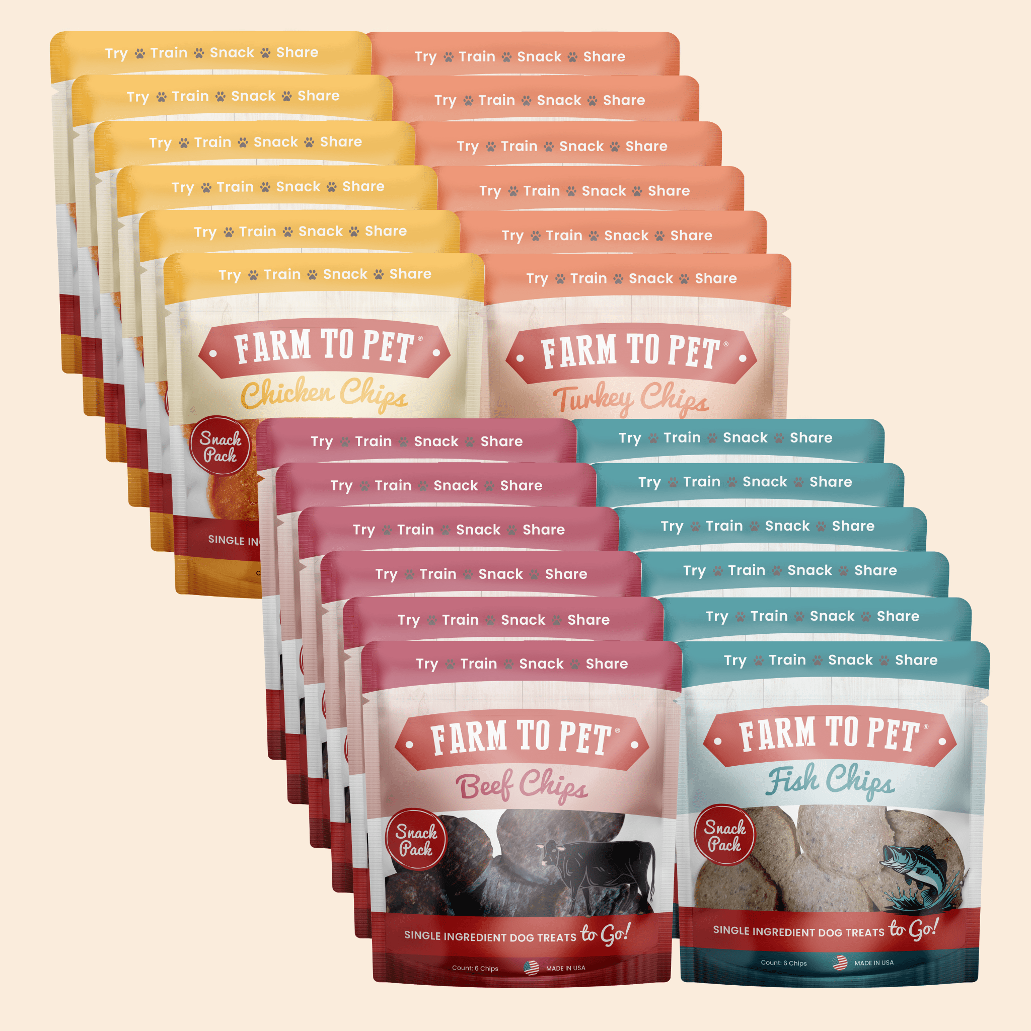 Assorted packages of Farm to Pet Snack Pack dog treat bags on a beige background.