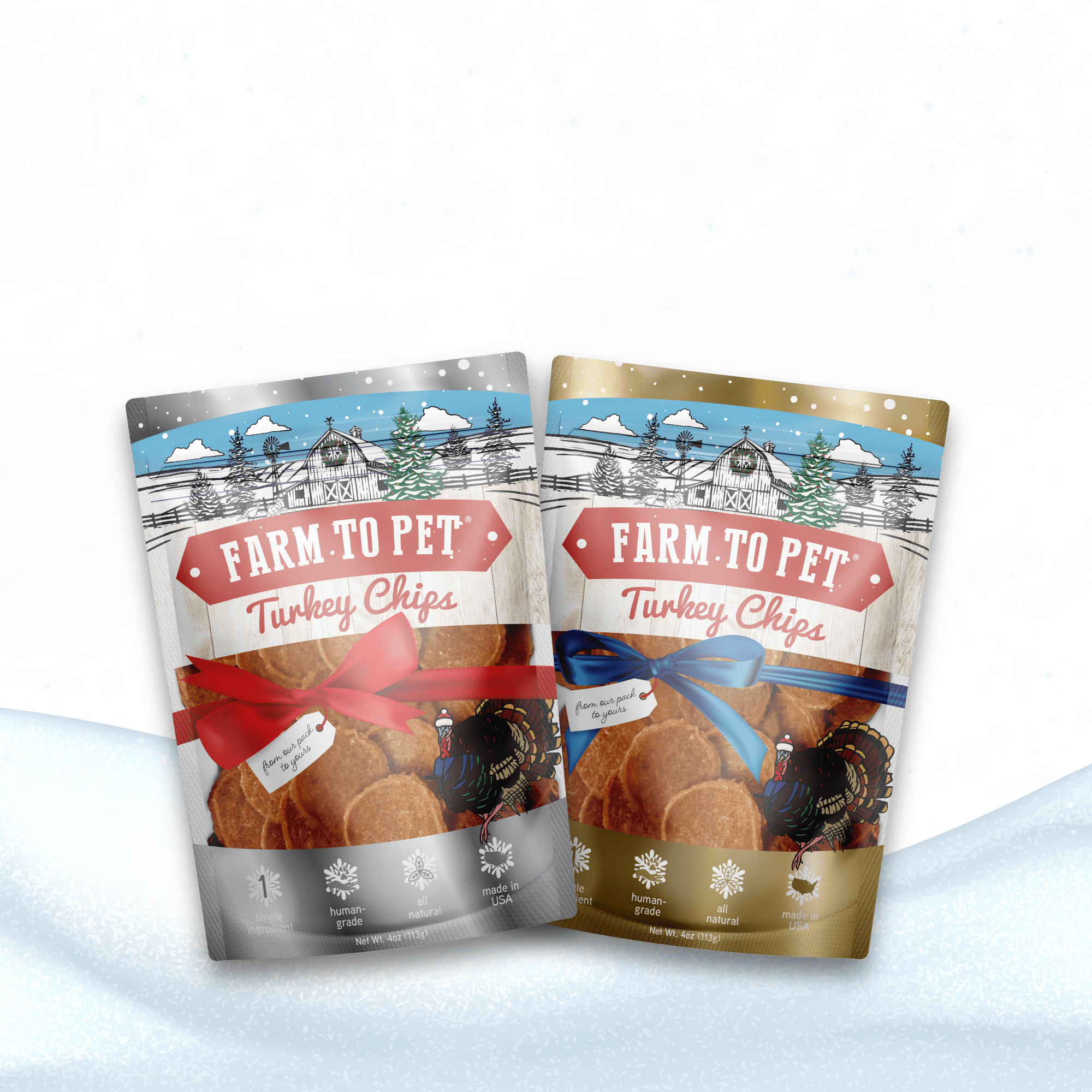 Product picture of 2 bags Farm to Pet Holiday Turkey Chips on a white background.