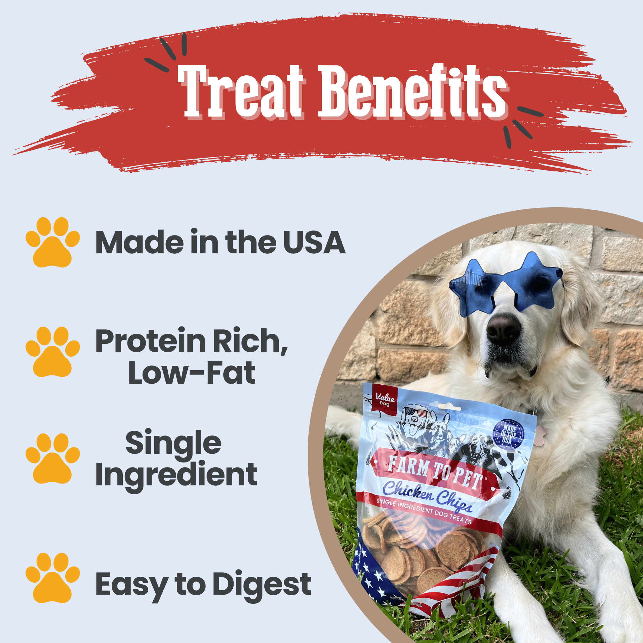 A white dog laying by a package of Farm to Pet treats with text highlighting benefits on a white background.
