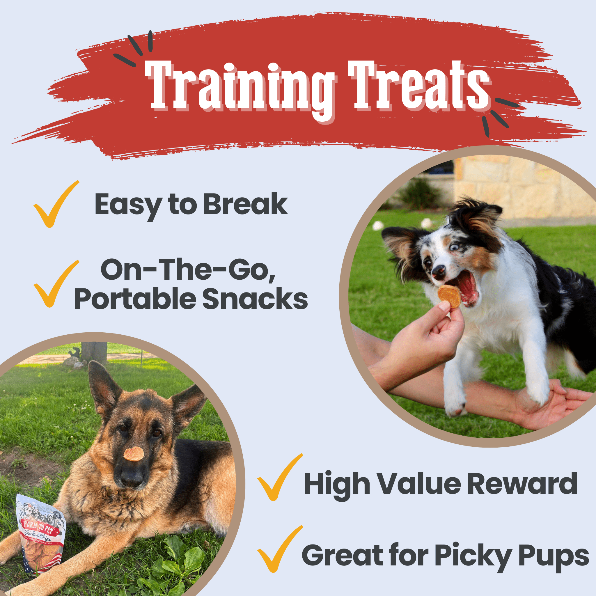 Dog training with Farm to Pet treats with images of a dog eating a treat and another dog sitting on grass with a chip on it's nose, along with text highlighting features.