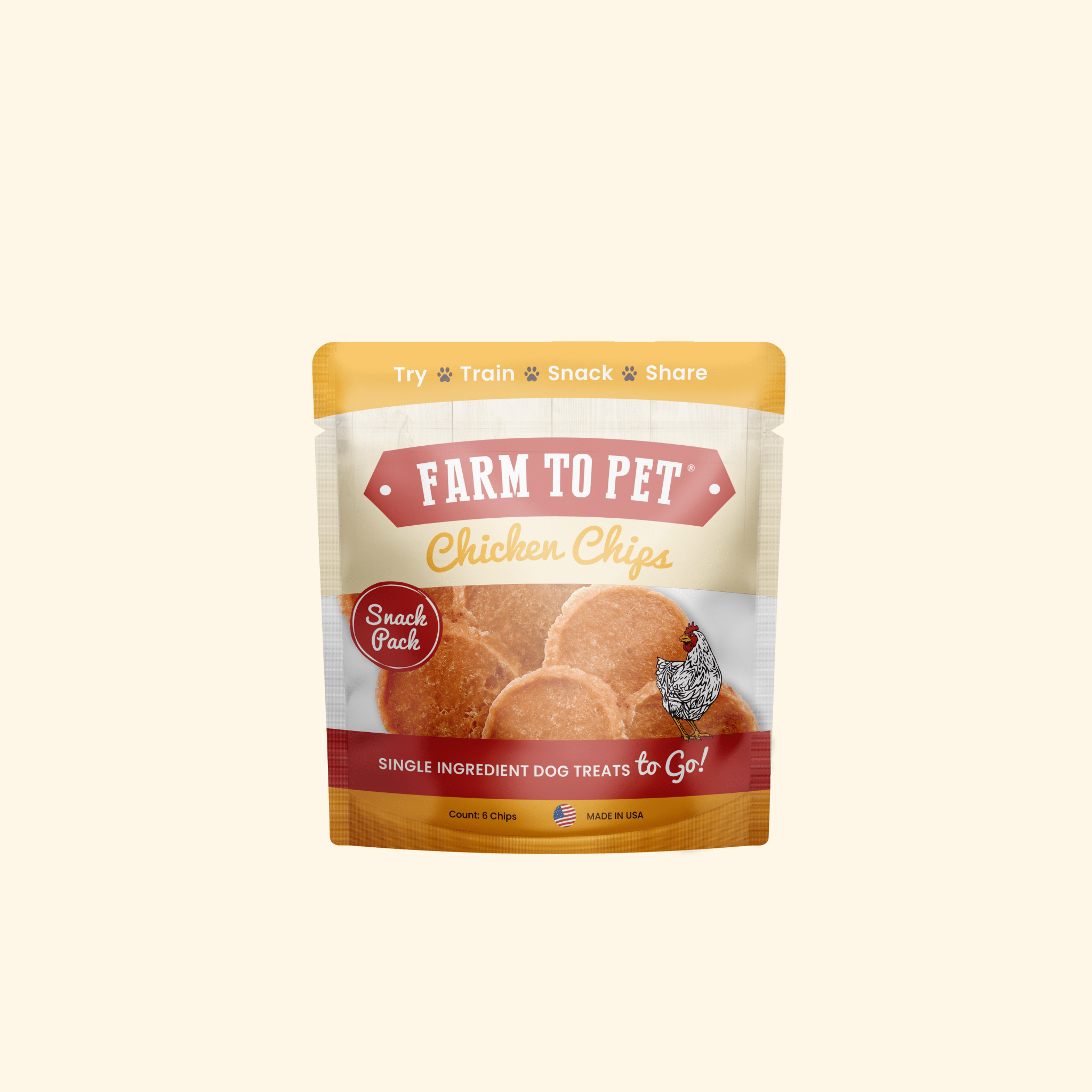 Snack Pack of Farm to Pet Chicken Chips on a beige background