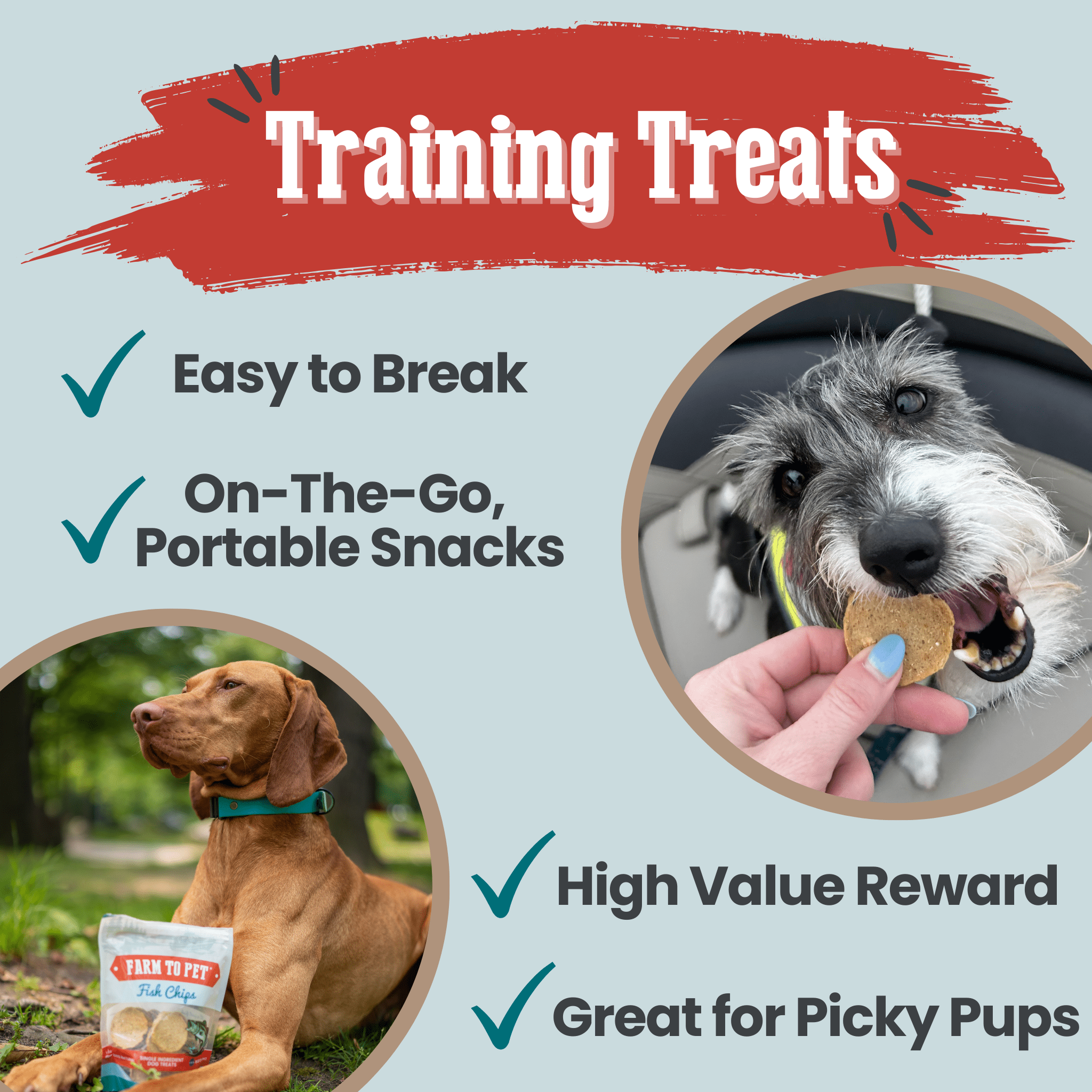 Dog training treats from Farm to Pet with a dog eating a treat, another dog sitting with fish treats, highlighting features.
