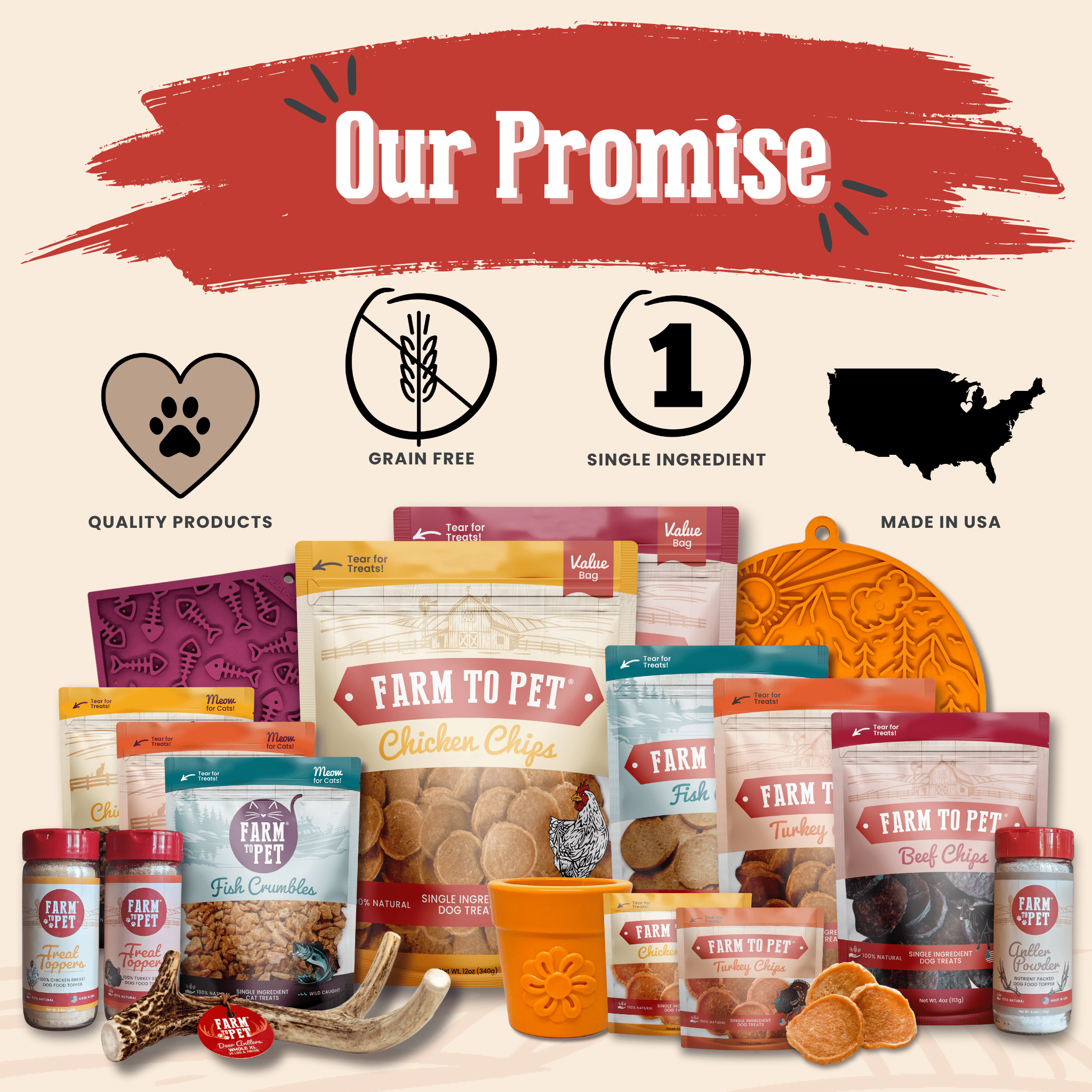 Assorted Farm to Pet food products and accessories with branding elements on a light blue background.