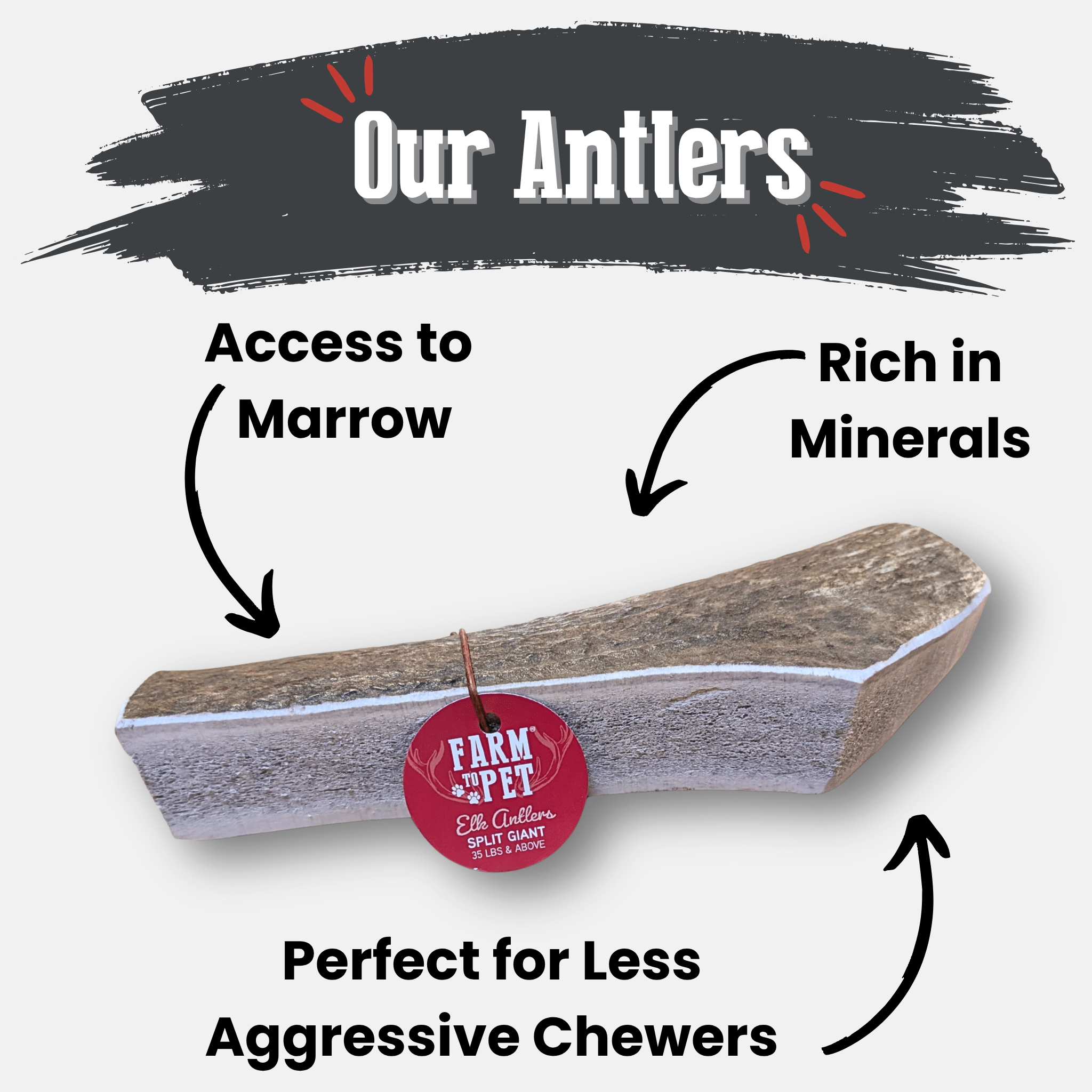 Farm to Pet Elk antler with text highlighting benefits on a white background.