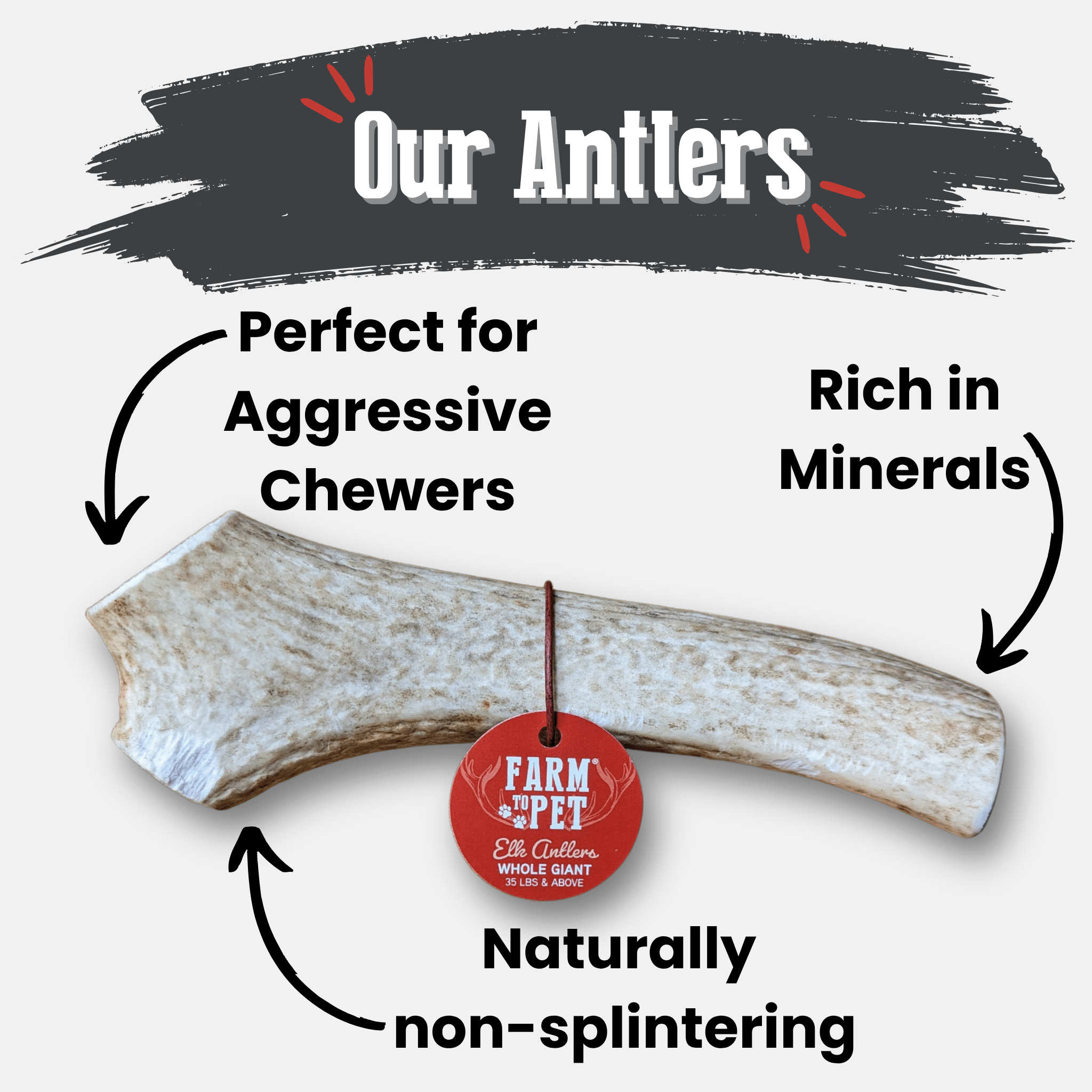 Elk Antler with text highlighting its features for pets, including 'Farm to Pet' branding.
