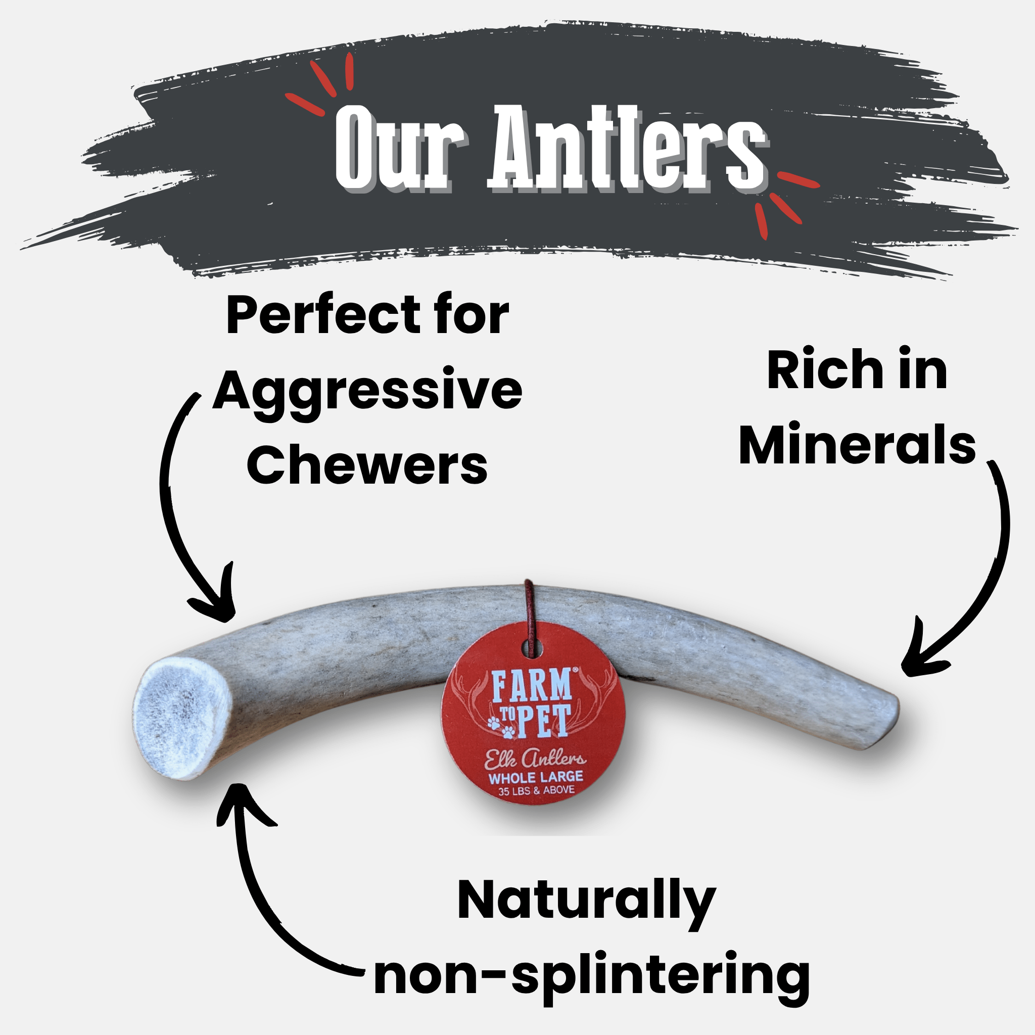 Elk antler chew with 'Farm to Pet' tag, labeled as perfect for aggressive chewers, rich in minerals, and naturally non-splintering.