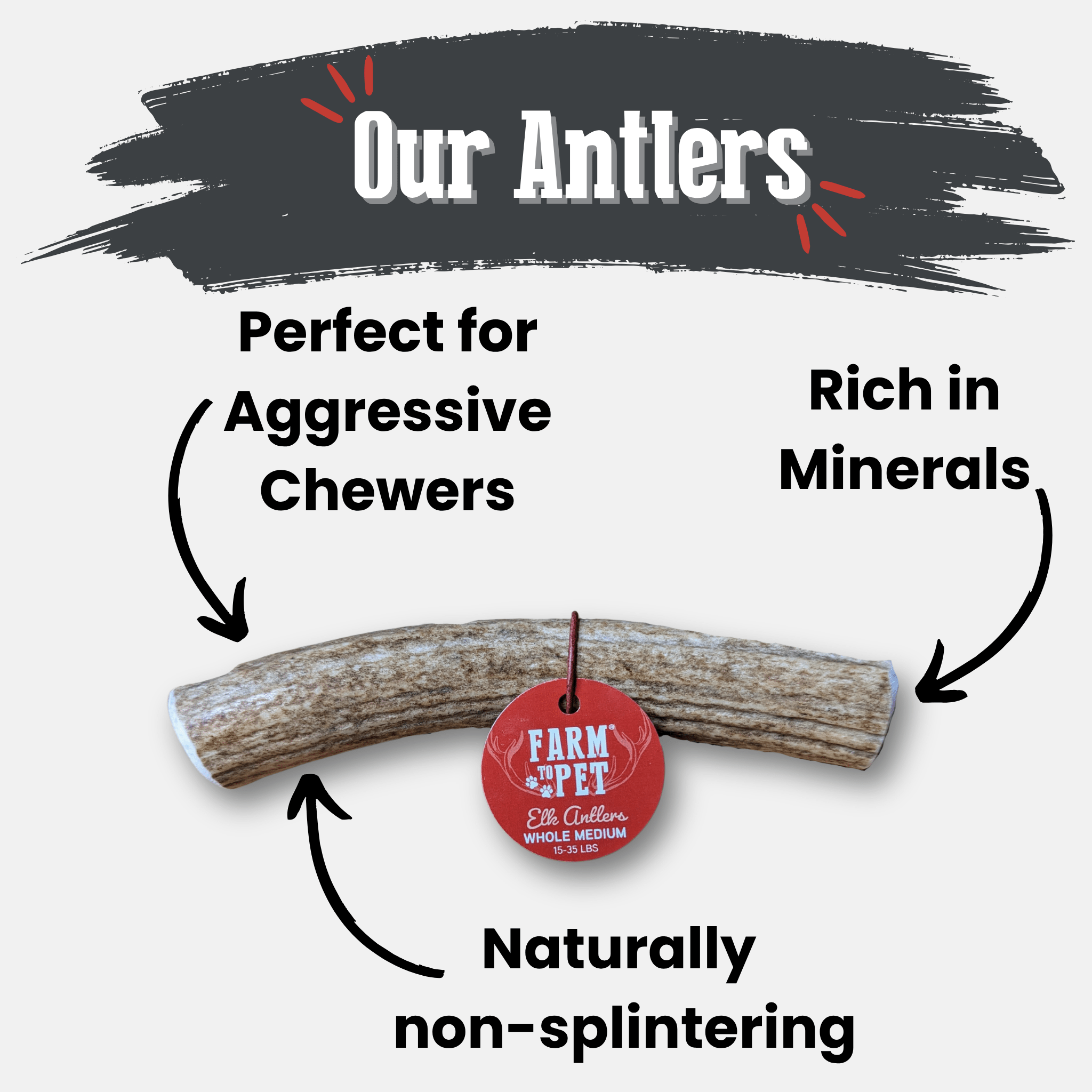 Elk Antler chew with 'Farm to Pet' label, labeled as perfect for aggressive chewers, rich in minerals, and naturally non-splintering.