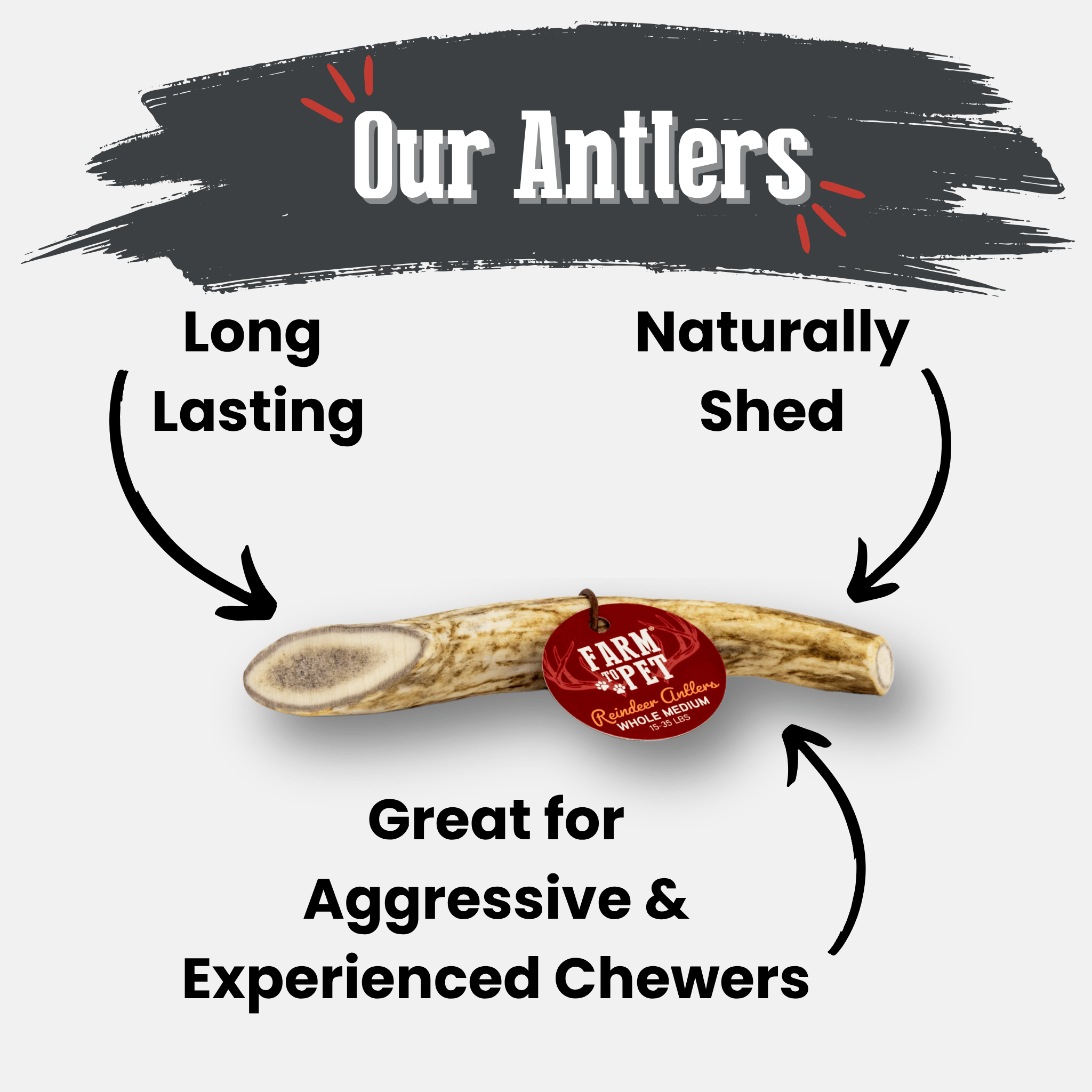 Farm to Pet reindeer antler with text highlighting features on a white background.