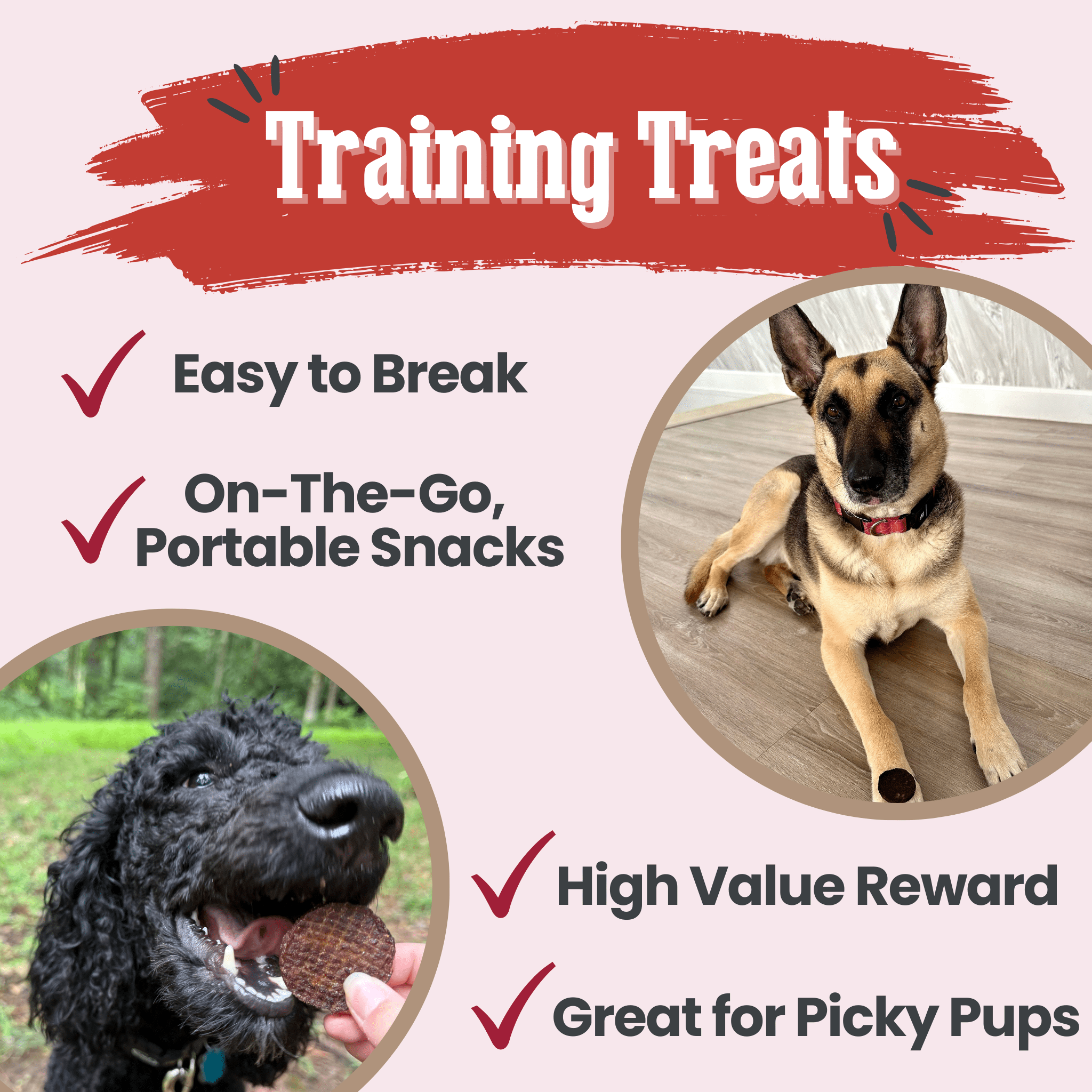 Dog training treats with Farm to Pet advertisement with images of two dogs and text highlighting features.